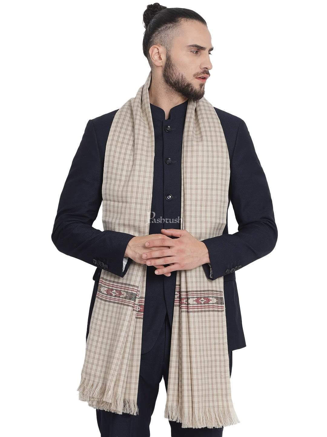 Pashtush Mens Woven Aztec Design Stole In Extra Fine Wool - beige - Image 4