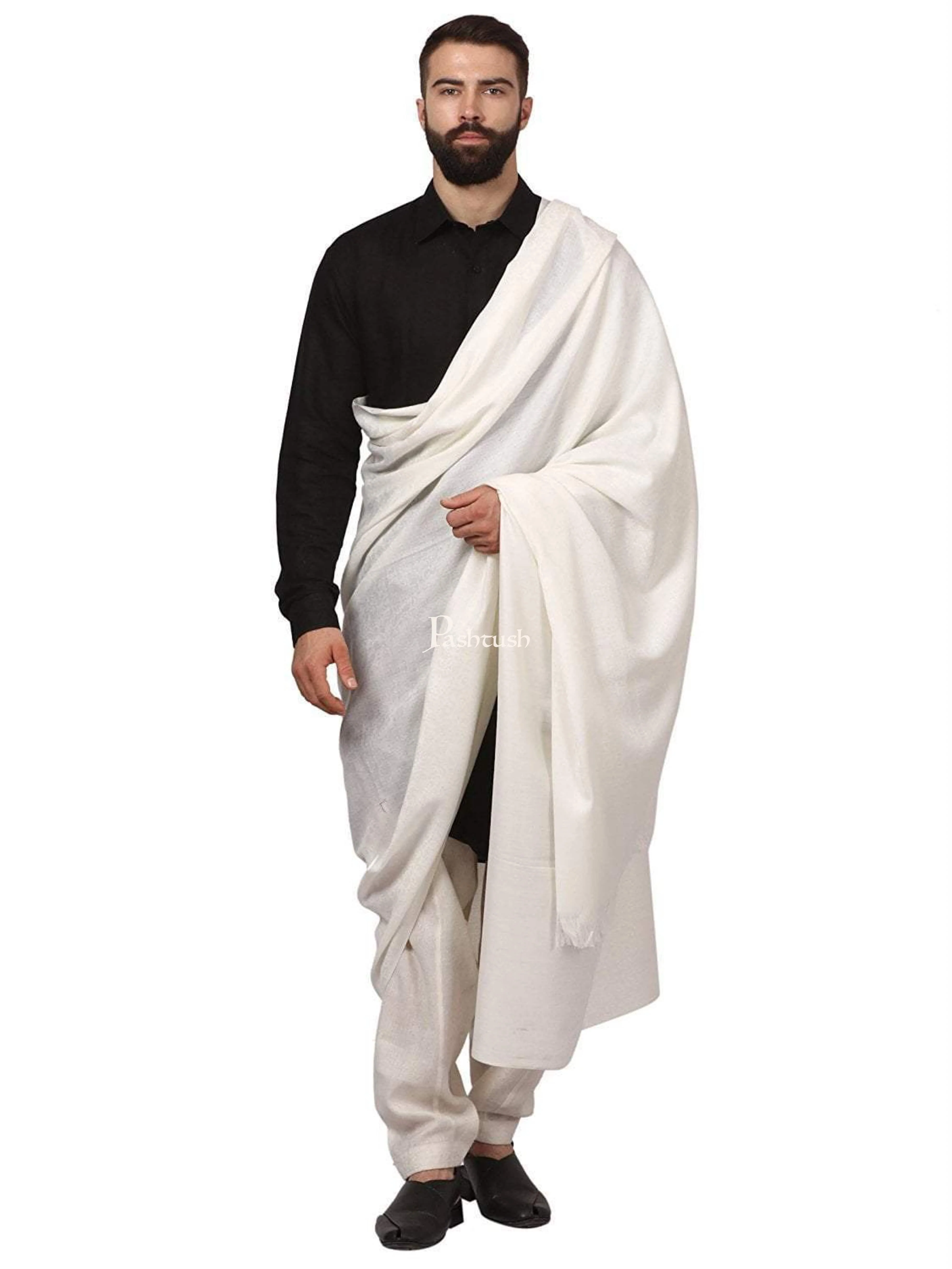 Pashtush Mens Fine Wool, Self Design, Full Size Mens, White