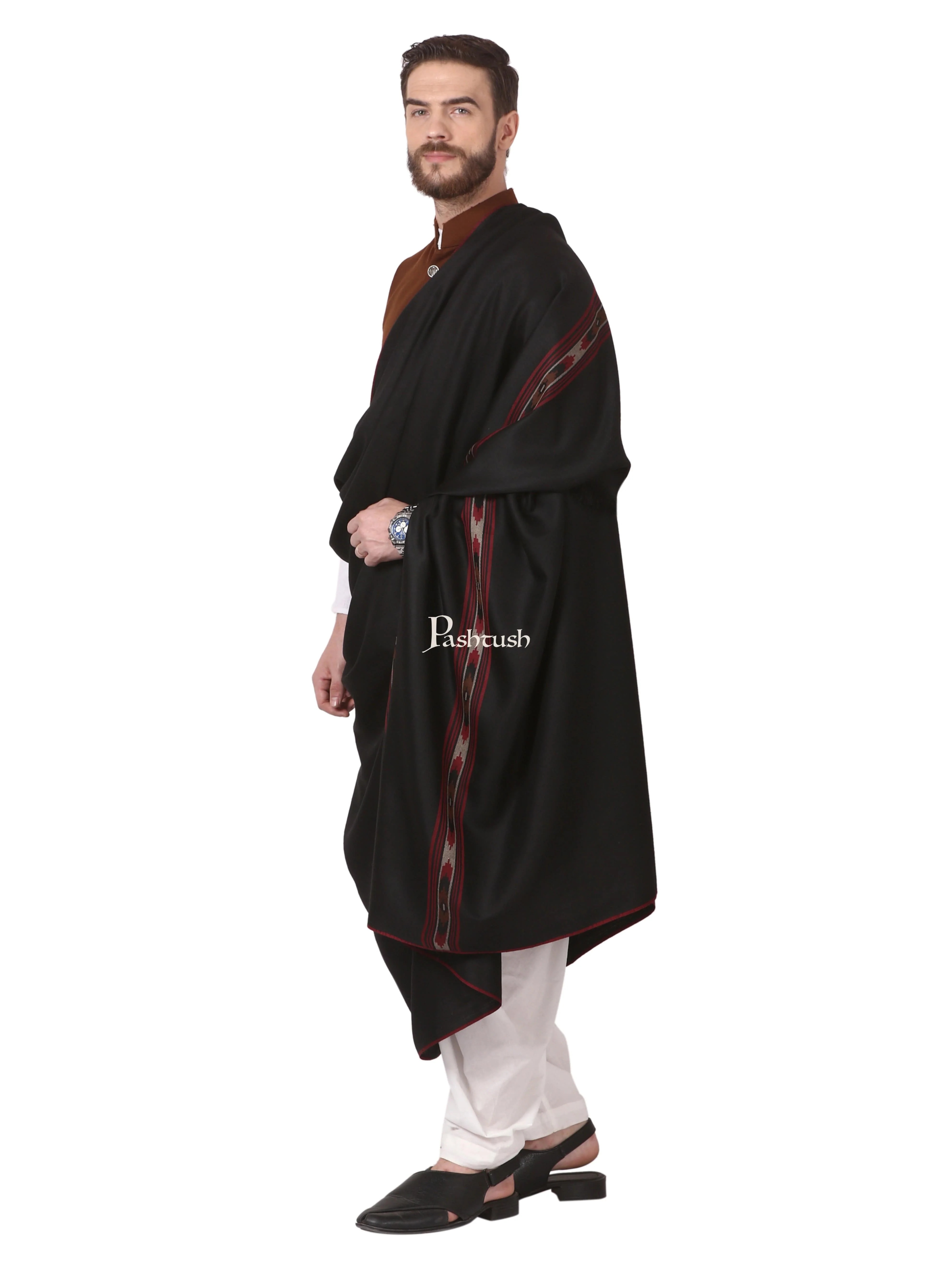 Pashtush Woven Aztec Design Mens Full Size Shawl In Extra Fine Wool - Black - Image 3