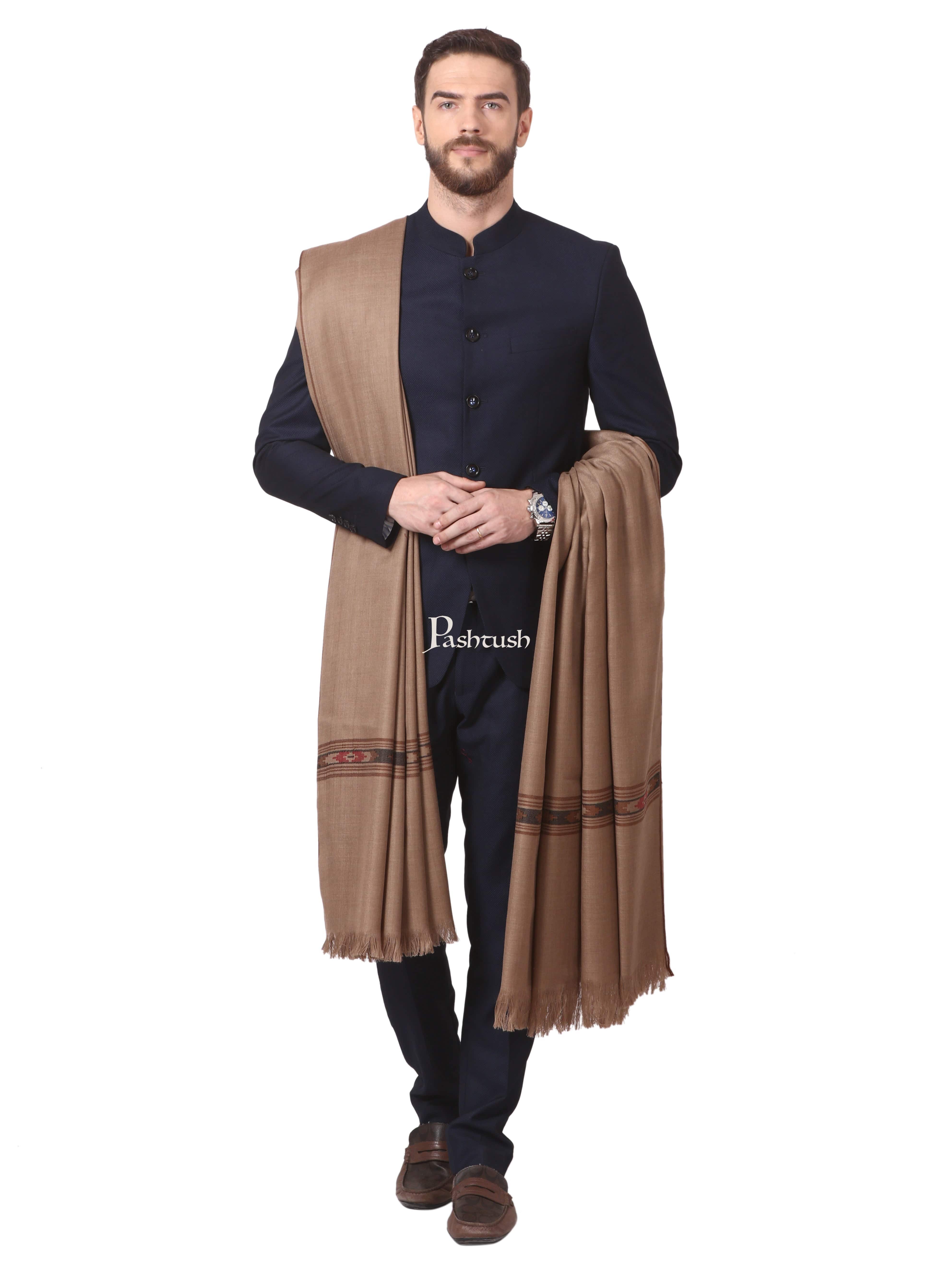 Pashtush Woven Aztec Design Mens Shawl (Lambs Wool) Beige - Image 3