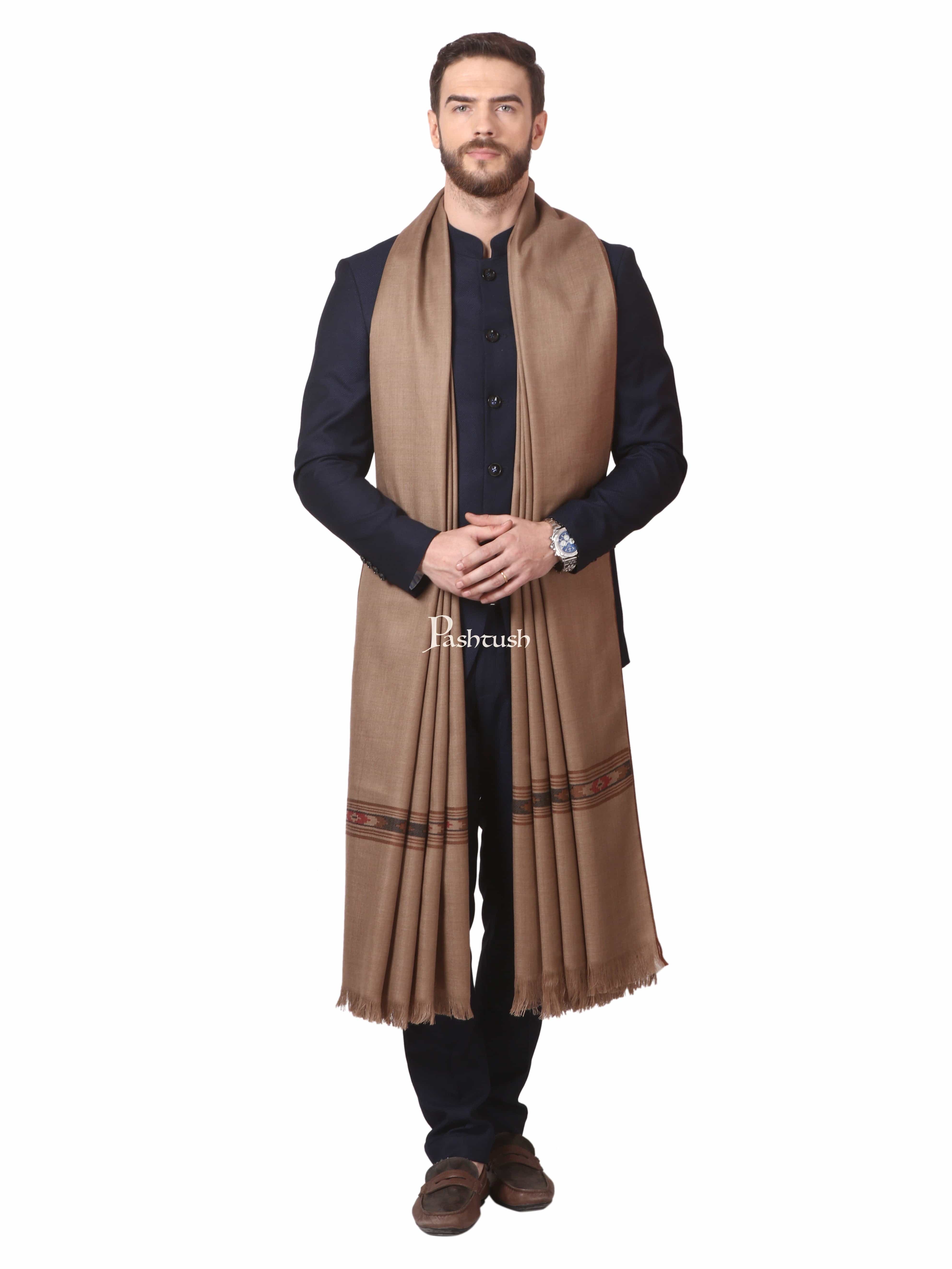 Pashtush Woven Aztec Design Mens Shawl (Lambs Wool) Beige - Image 4