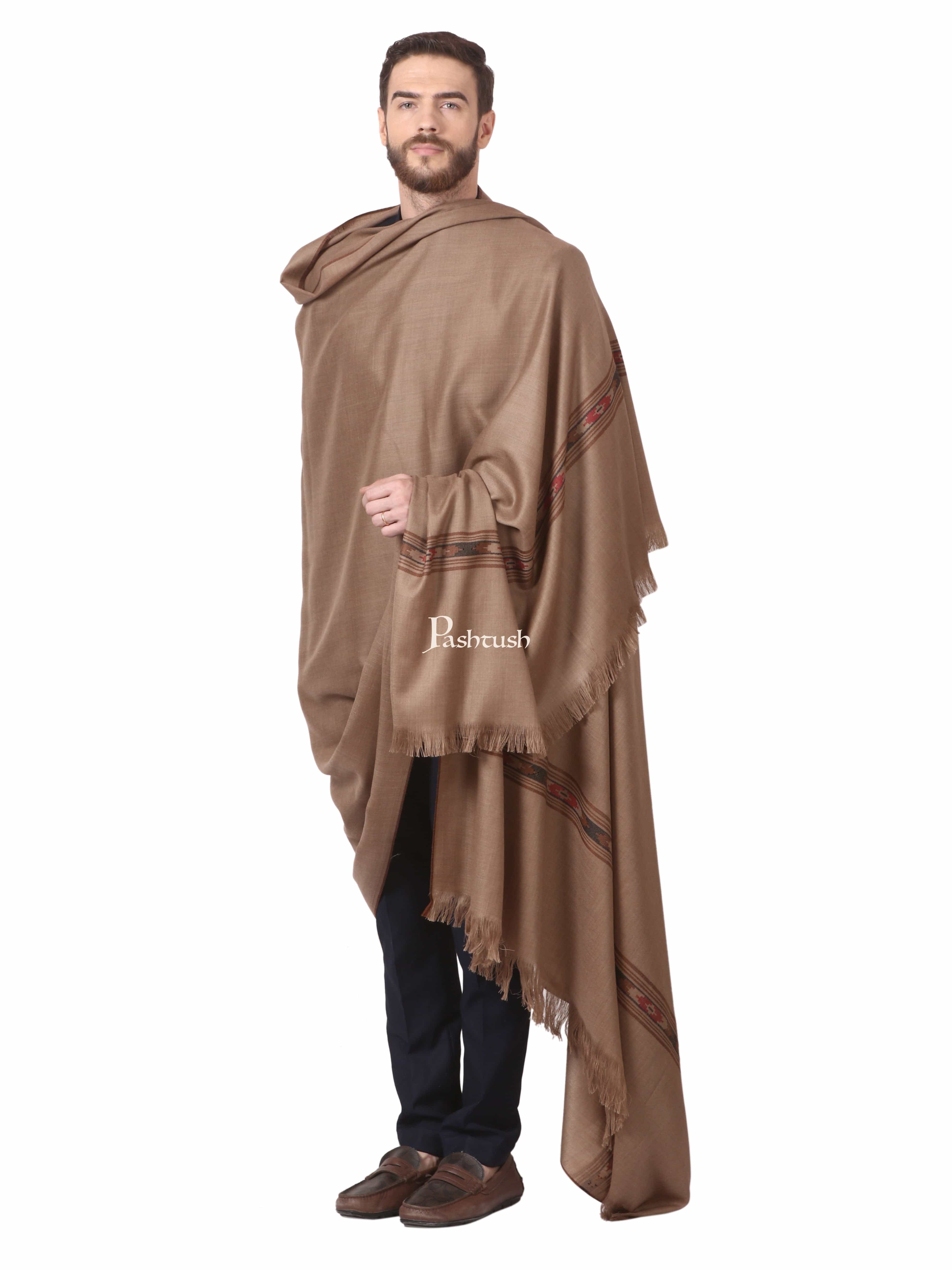 Pashtush Woven Aztec Design Mens Shawl (Lambs Wool) Beige - Image 6