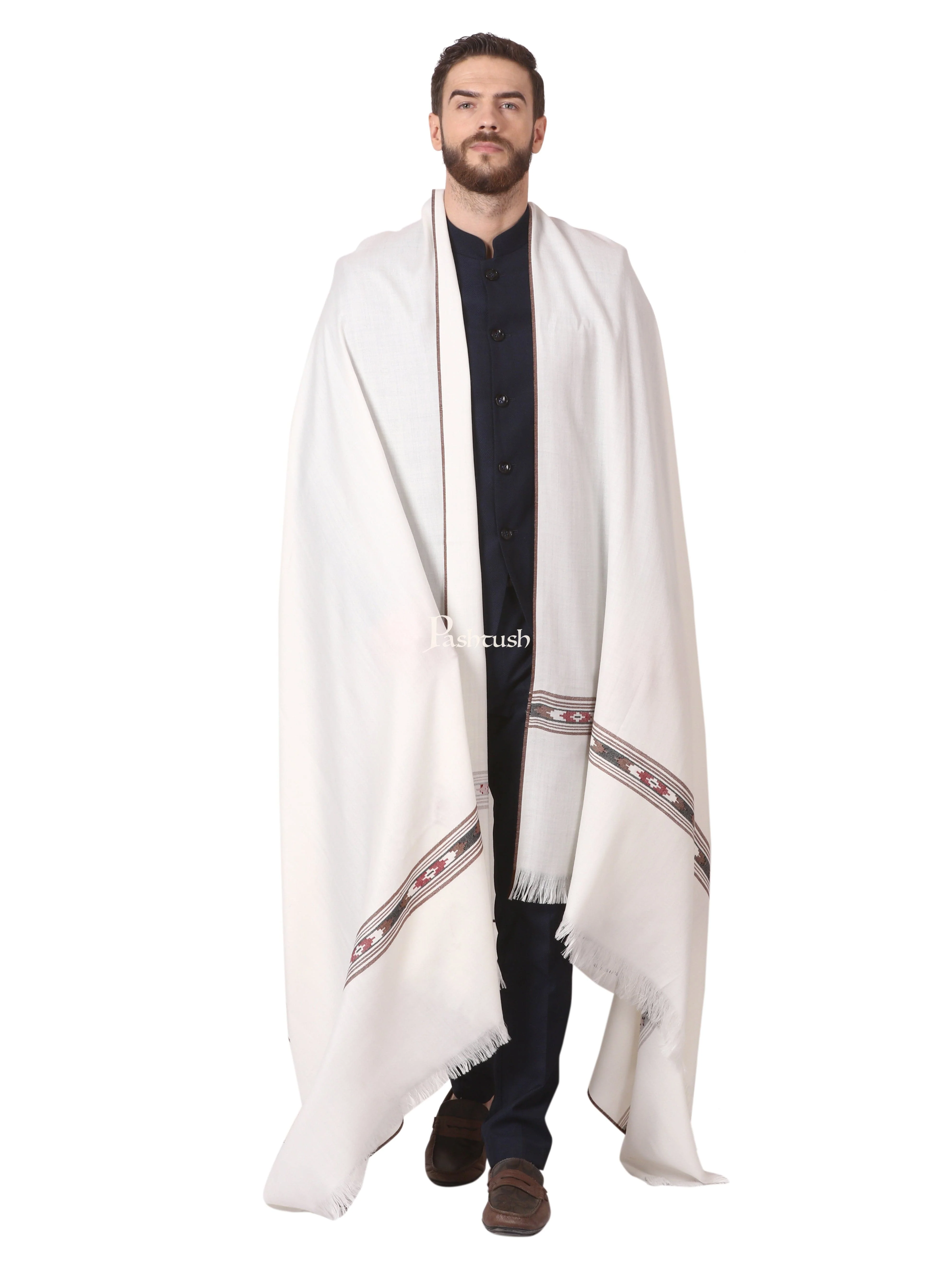 Pashtush Mens Woven Aztec Design Shawl, Fine Wool, Ivory - Image 6