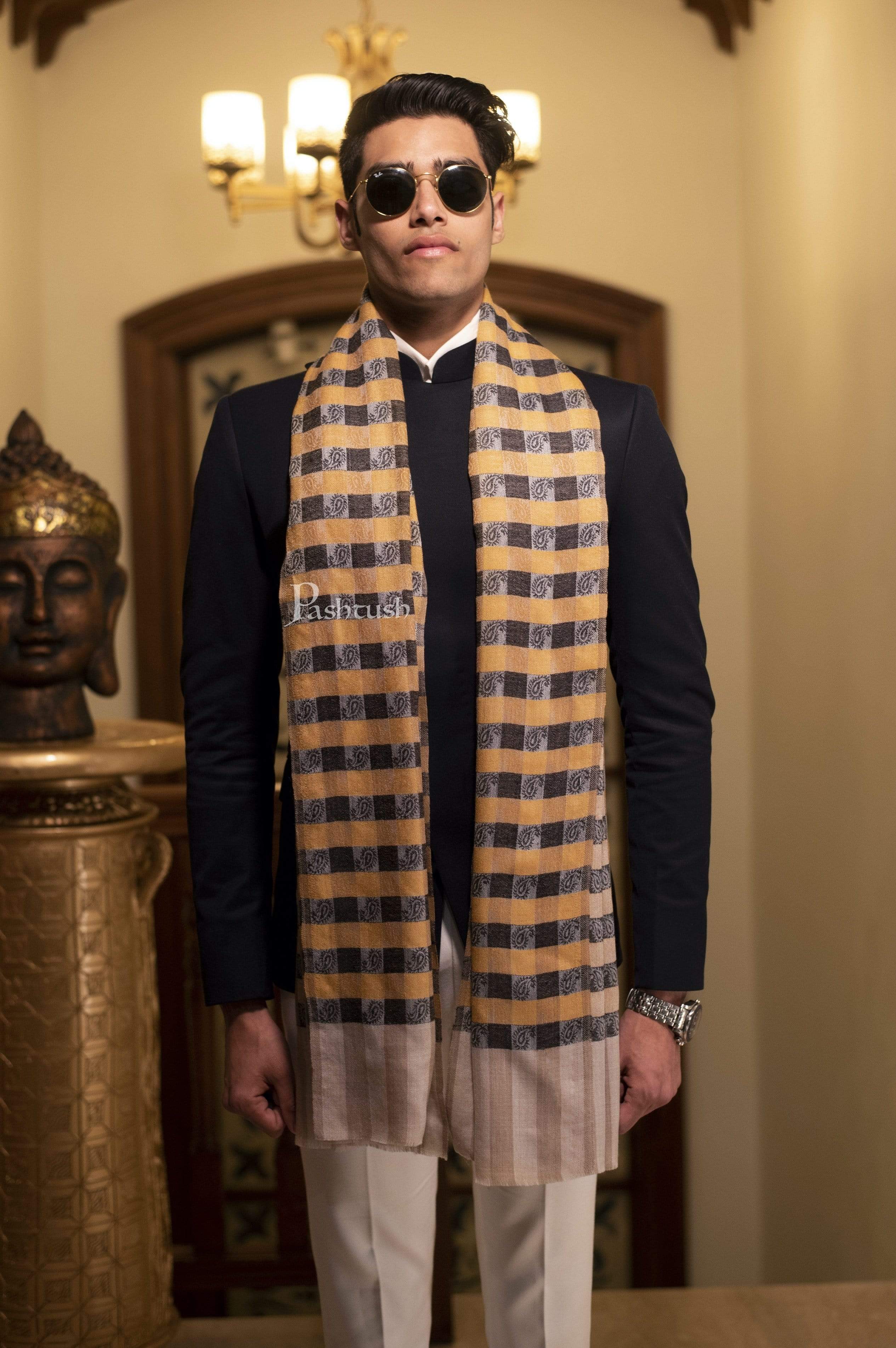 Pashtush Woven Mens Checkered Scarf, Fine Wool Muffler, Soft And Light Weight Yellow