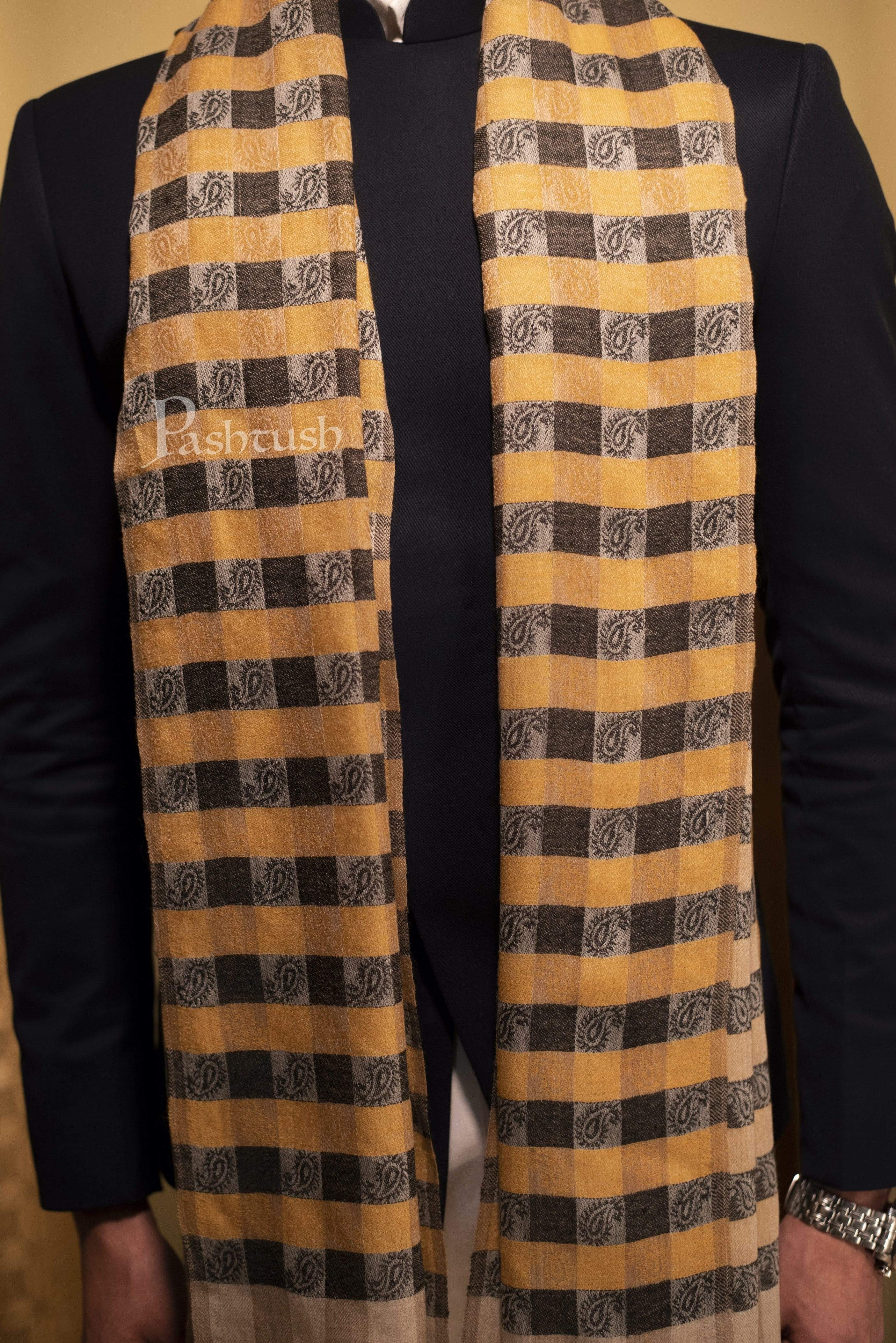 Pashtush Woven Mens Checkered Scarf, Fine Wool Muffler, Soft And Light Weight Yellow - Image 3