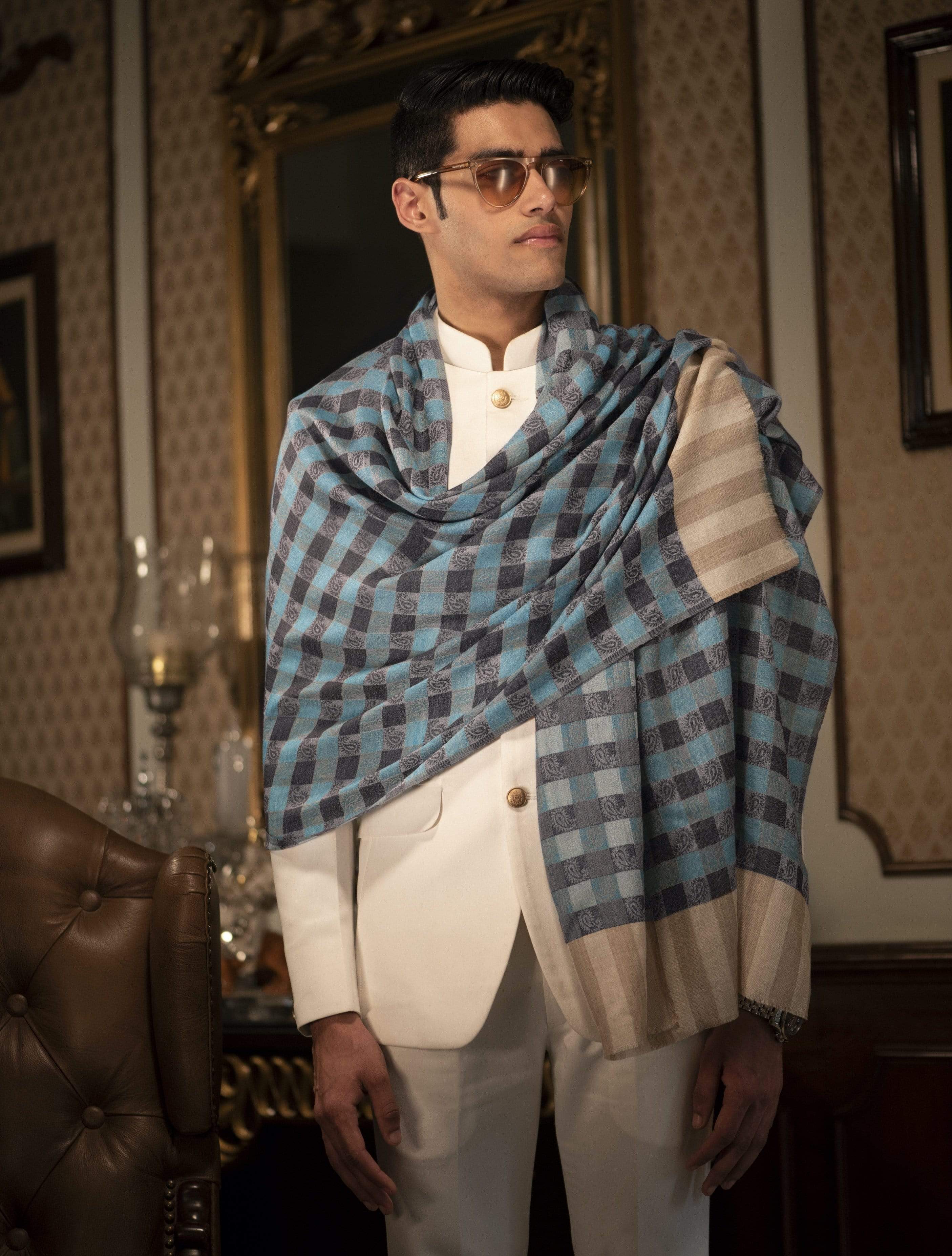 Pashtush Woven Mens Checkered Scarf, Fine Wool Muffler, Soft And Light, Antique Blue - Image 2