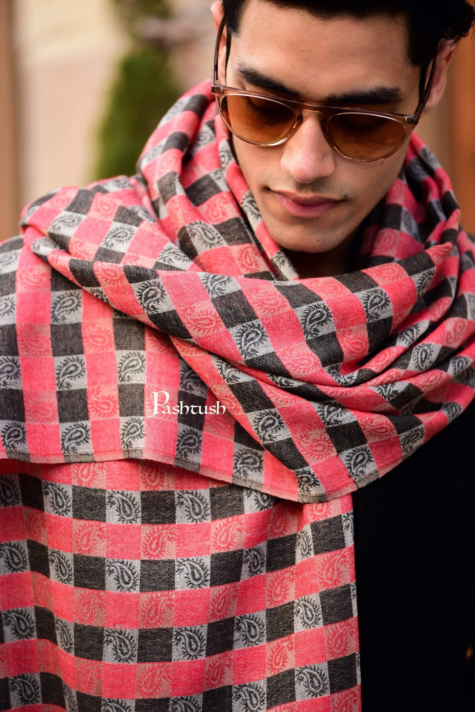 Pashtush Woven Mens Checkered Scarf, Fine Wool Muffler, Soft And Light Weight Red - Image 3