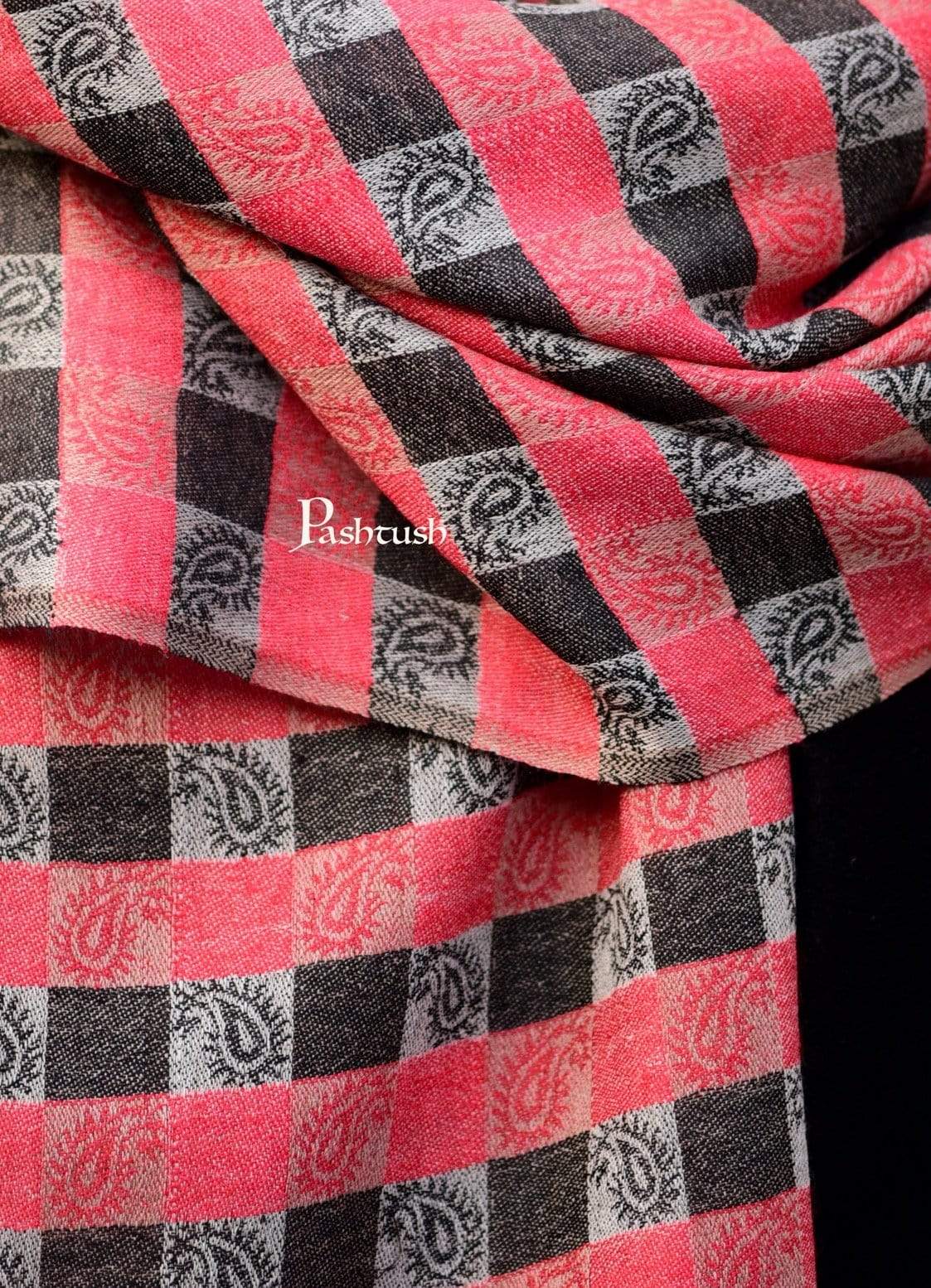 Pashtush Woven Mens Checkered Scarf, Fine Wool Muffler, Soft And Light Weight Red - Image 4