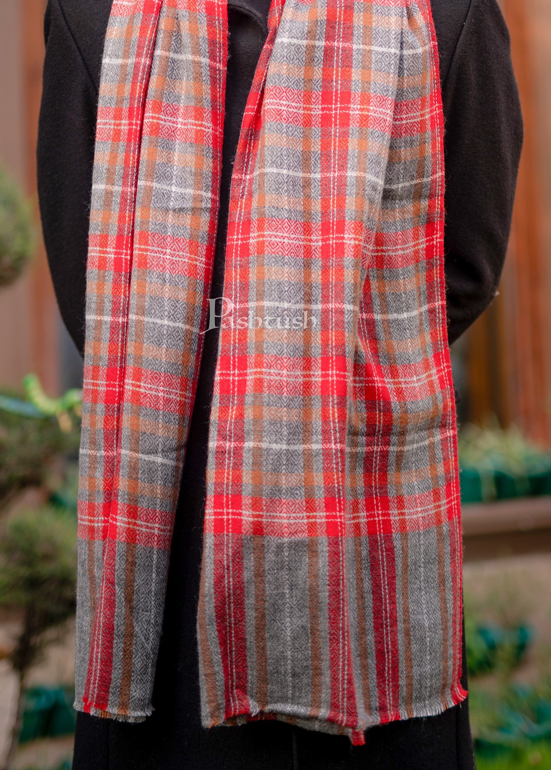 Pashtush Woven Mens Fine Wool Stole, Check-Stipe Design, Red and Grey - Image 2