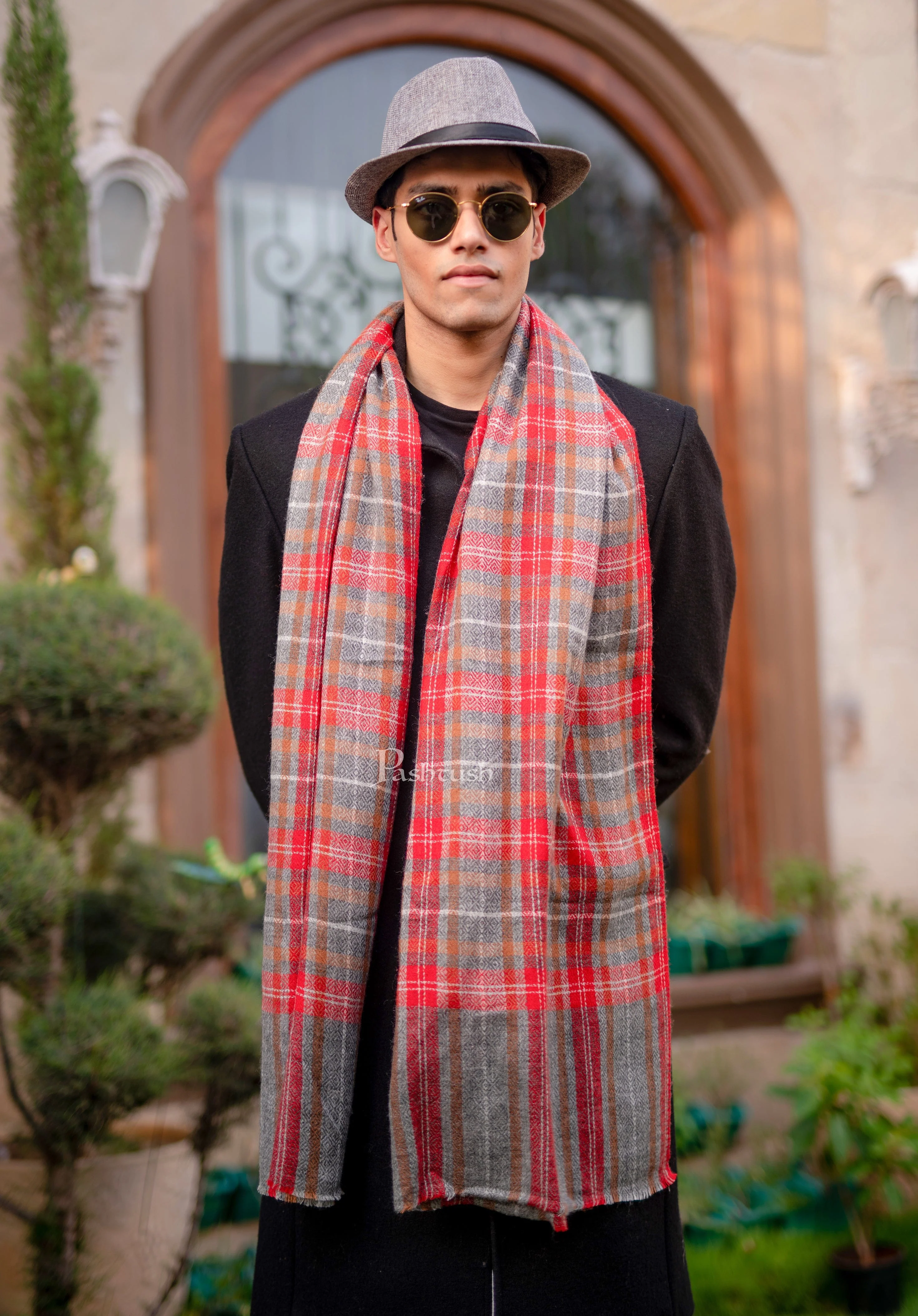 Pashtush Woven Mens Fine Wool Stole, Check-Stipe Design, Red and Grey - Image 3