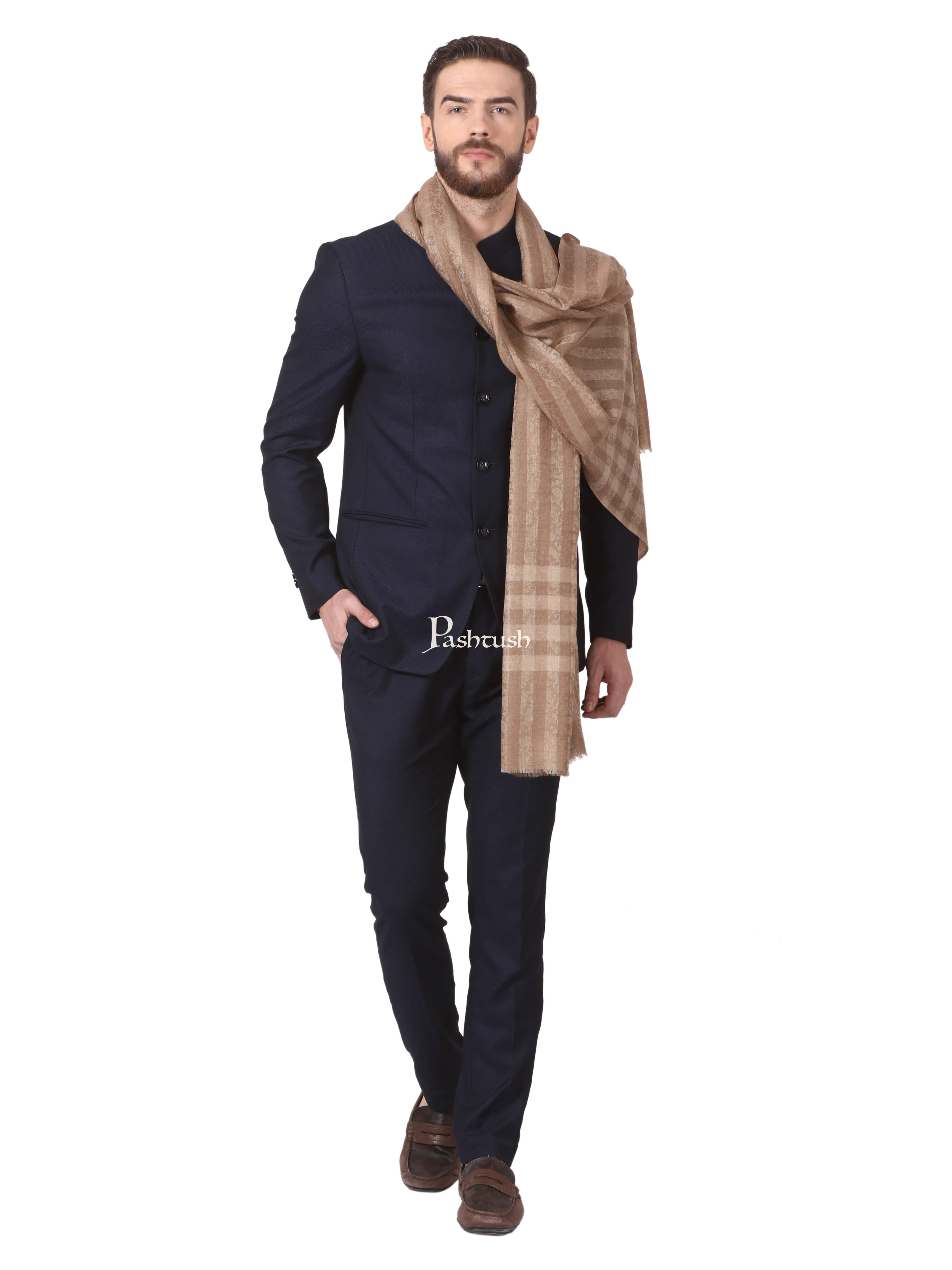 Pashtush Woven Mens Fine Wool Stole, Check-Stipe Design, Taupe - Image 3
