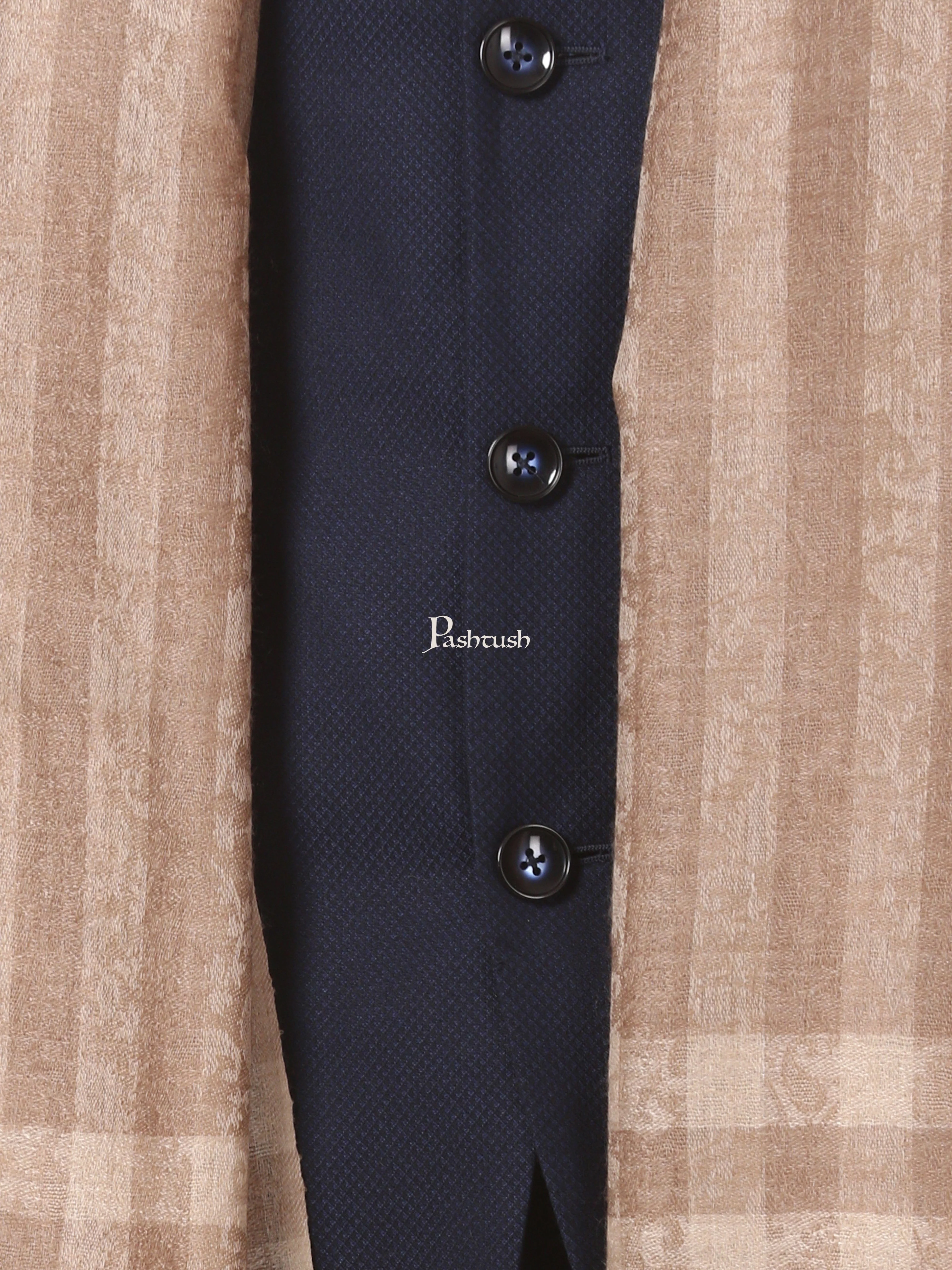 Pashtush Woven Mens Fine Wool Stole, Check-Stipe Design, Taupe - Image 4