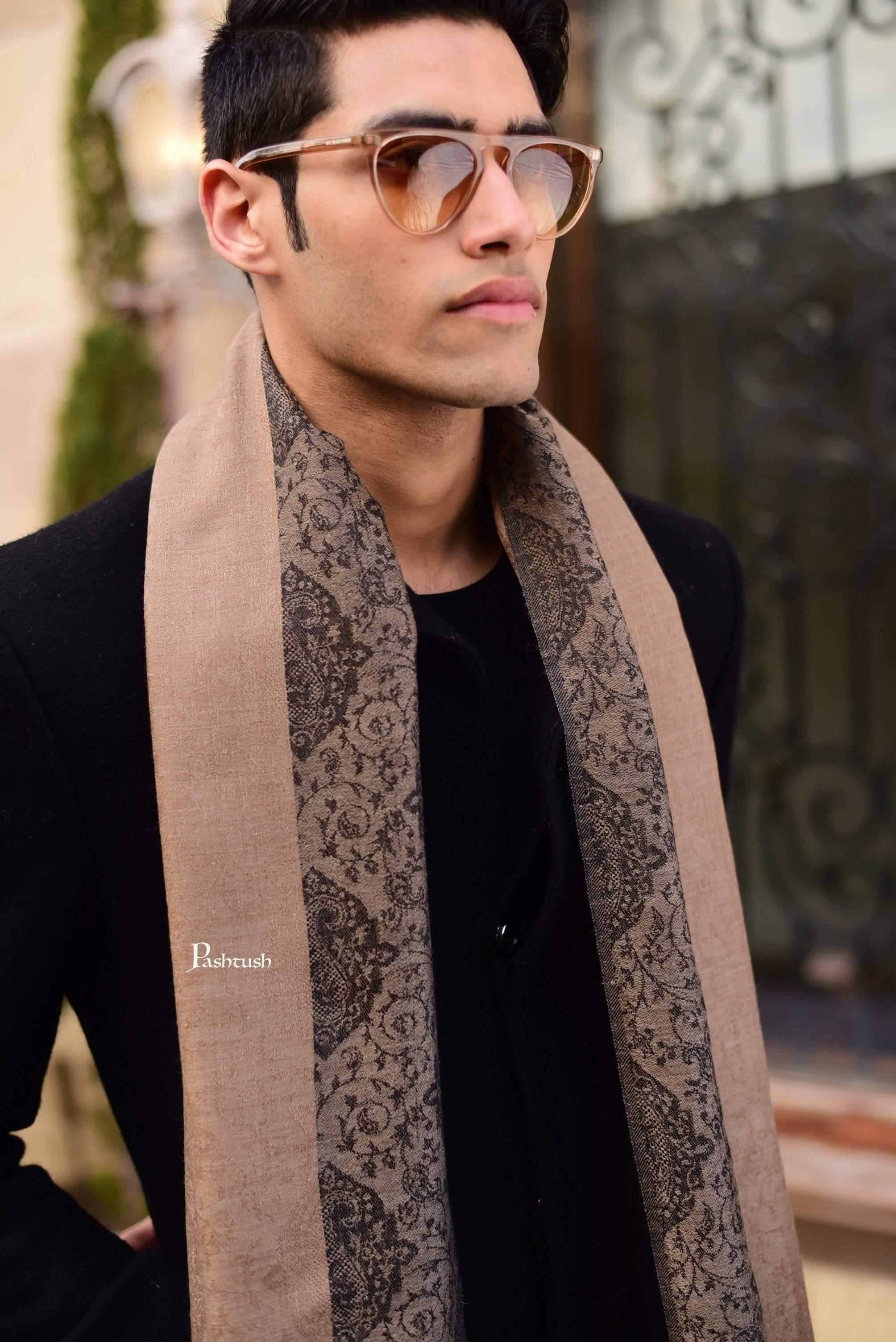 Pashtush Woven Mens Fine Wool Stole, Jacquard Weave, Muffler, Warm Cashmere Feel Light Beige - Image 5