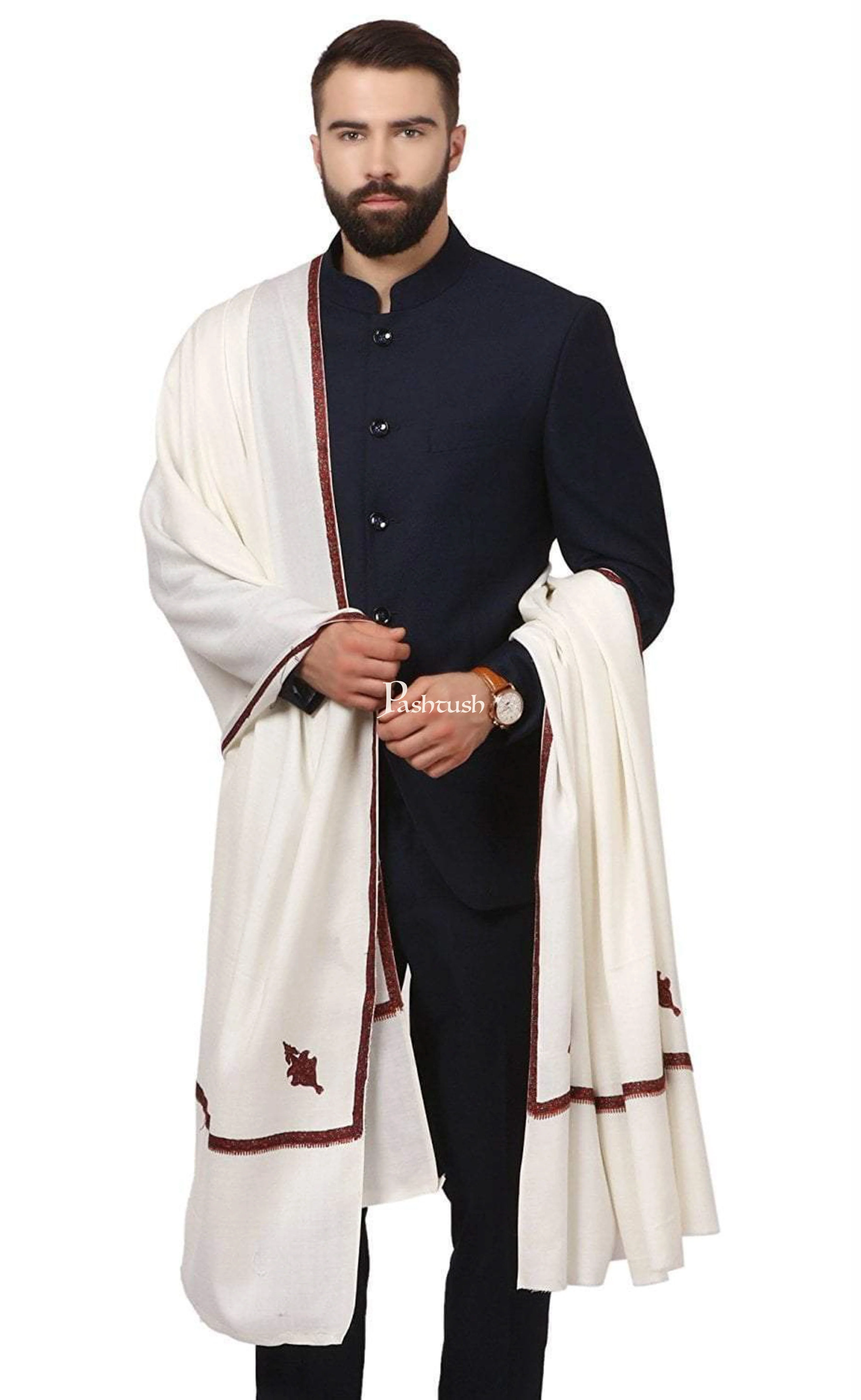 Pashtush Mens Border Embroidery Kingri Shawl, Fine Wool, Ivory
