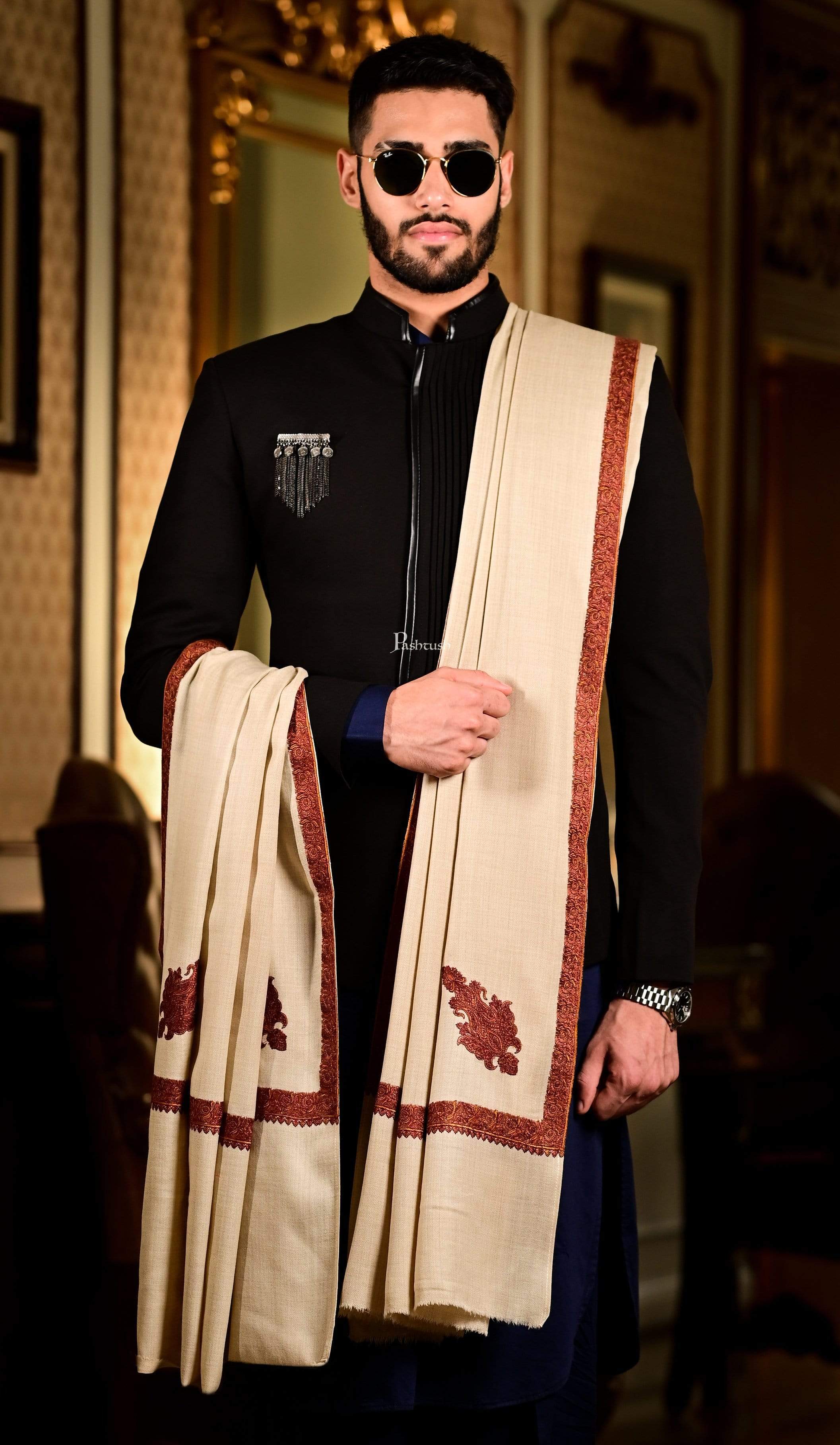 Pashtush Mens Shawl, Embroidery Haashia Dushala, Beige