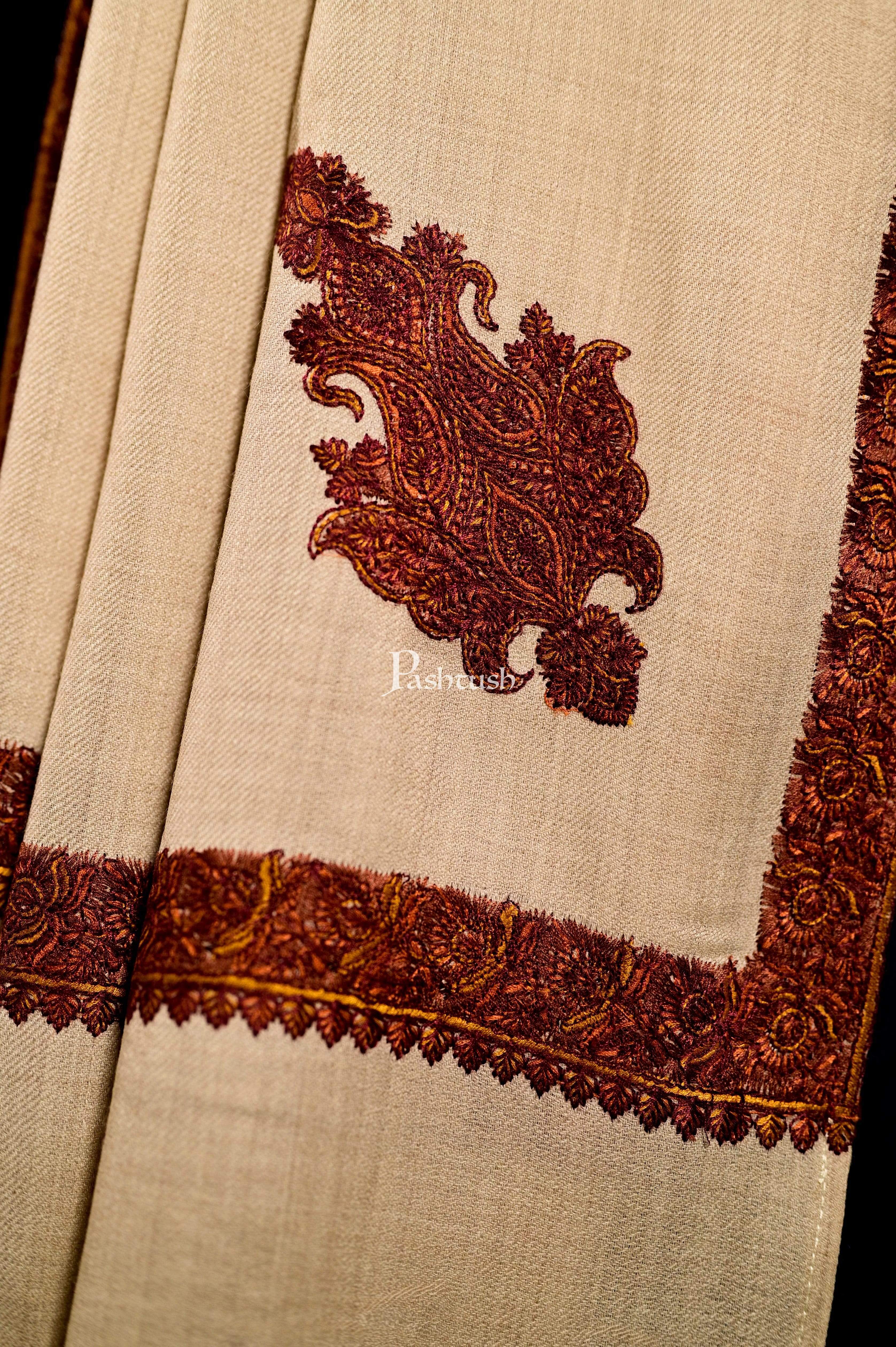 Pashtush Mens Shawl, Embroidery Haashia Dushala, Beige - Image 3