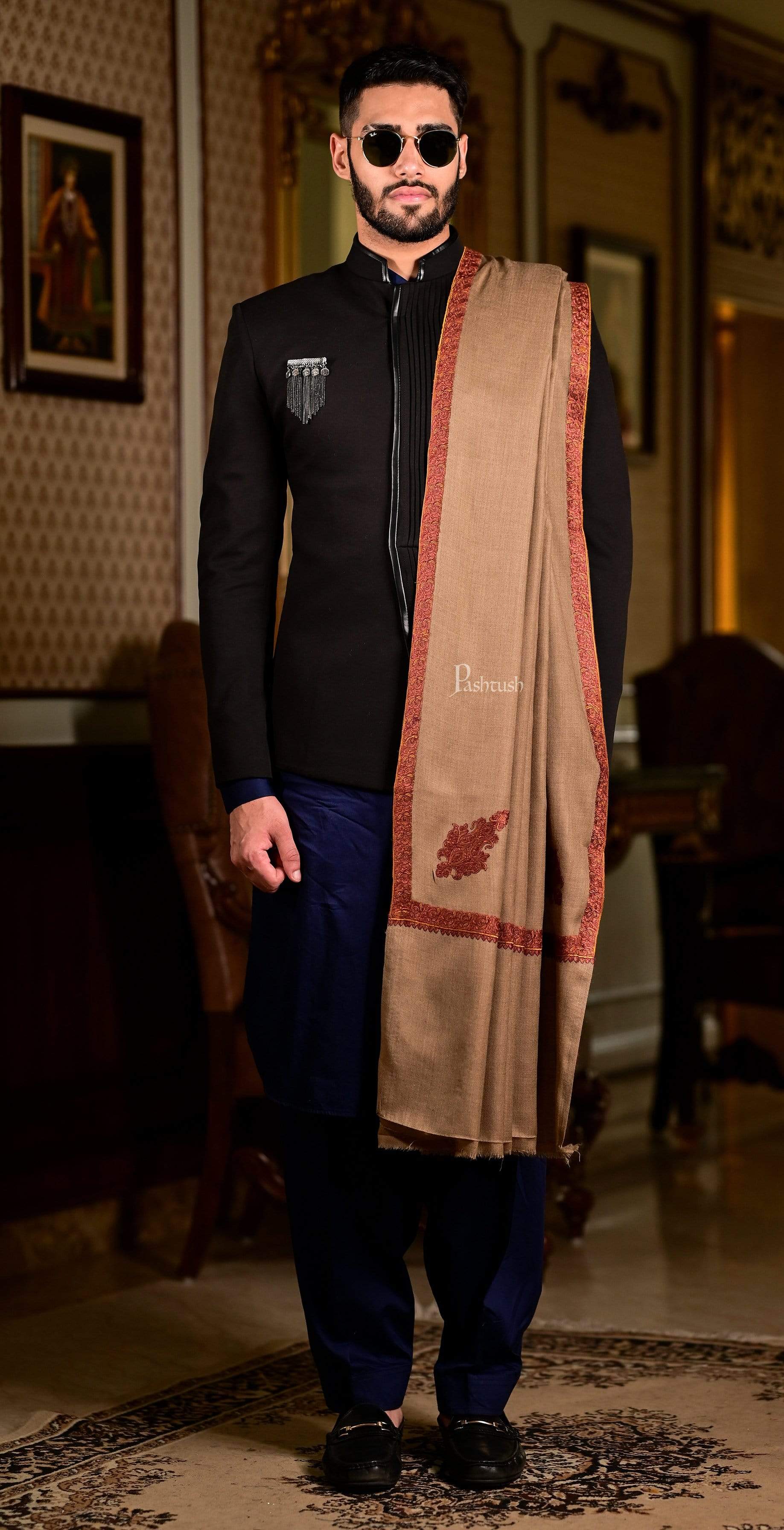 Pashtush Mens Shawl, Embroidery Haashia Dushala, Taupe