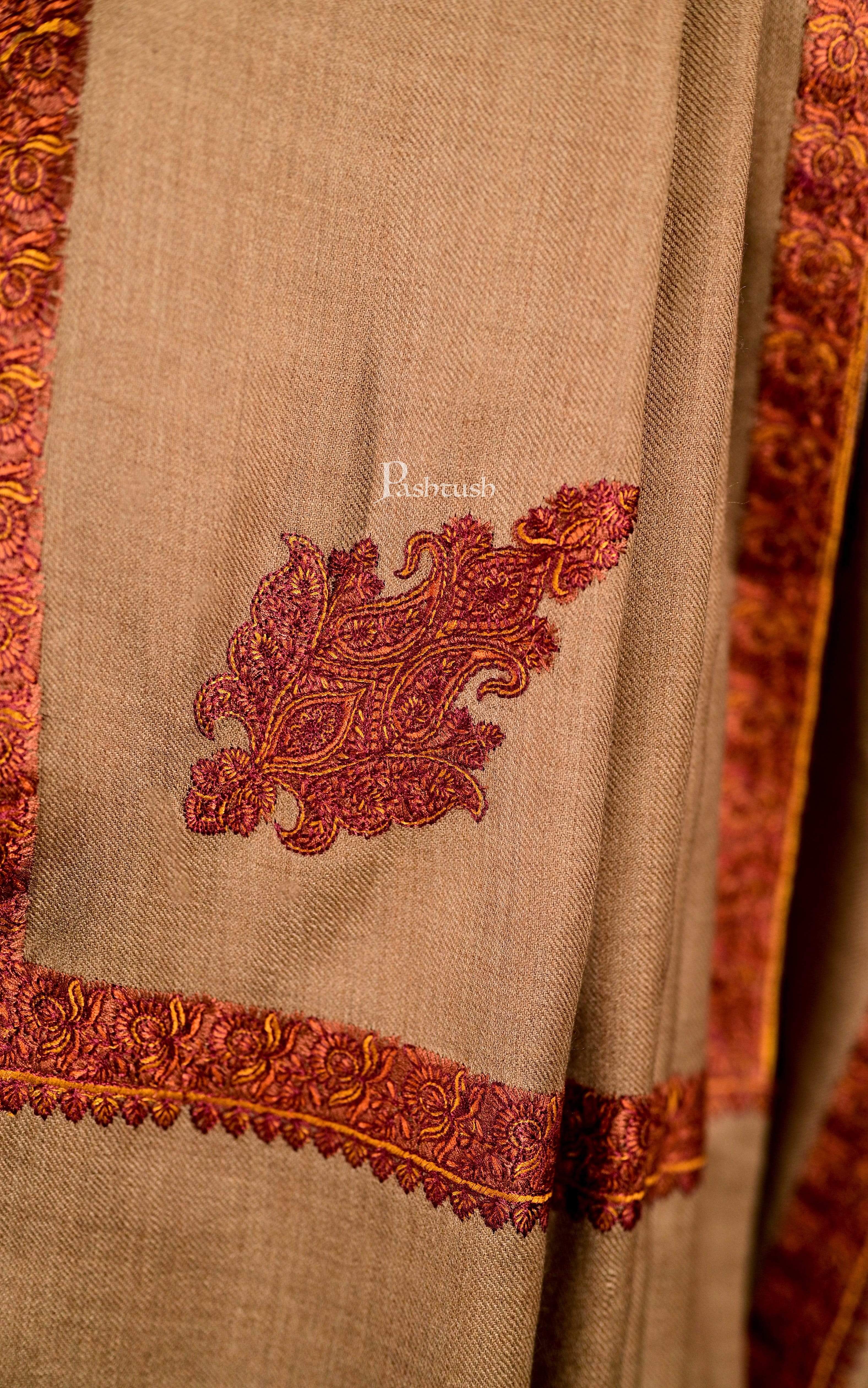 Pashtush Mens Shawl, Embroidery Haashia Dushala, Taupe - Image 2