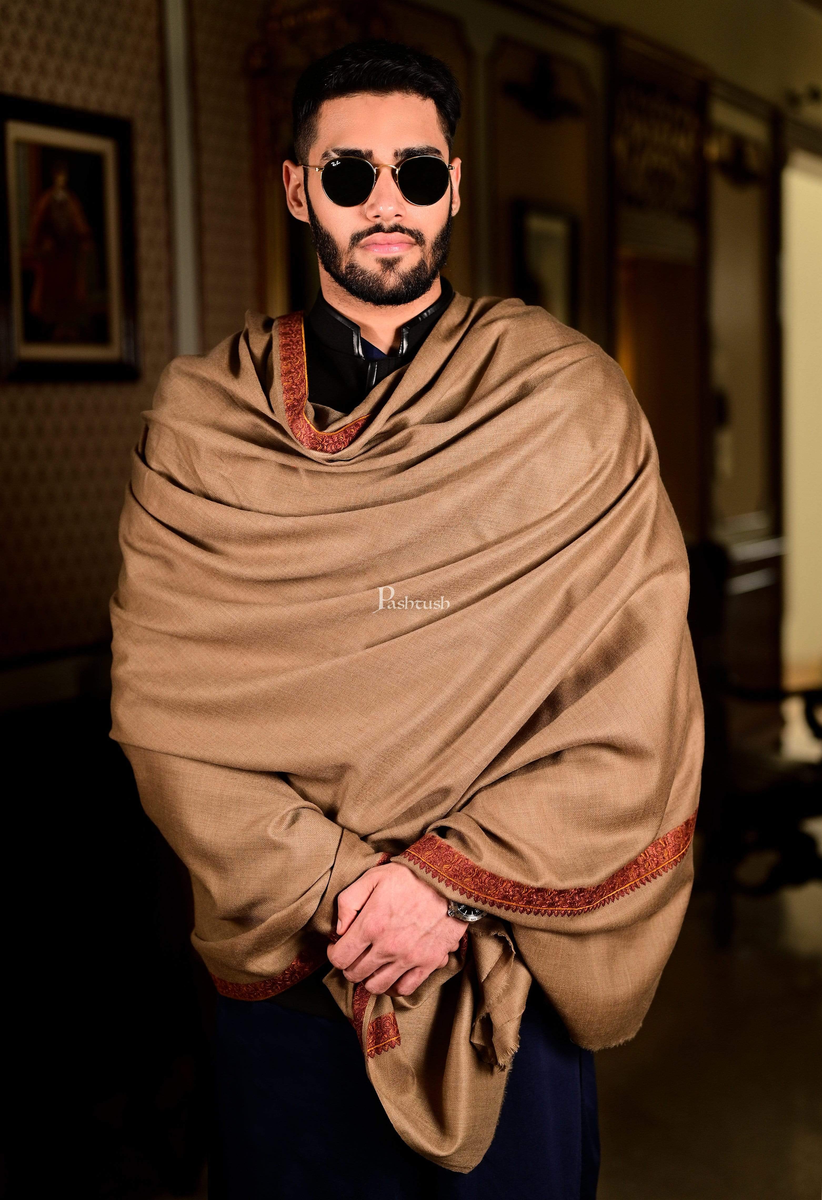 Pashtush Mens Shawl, Embroidery Haashia Dushala, Taupe - Image 3