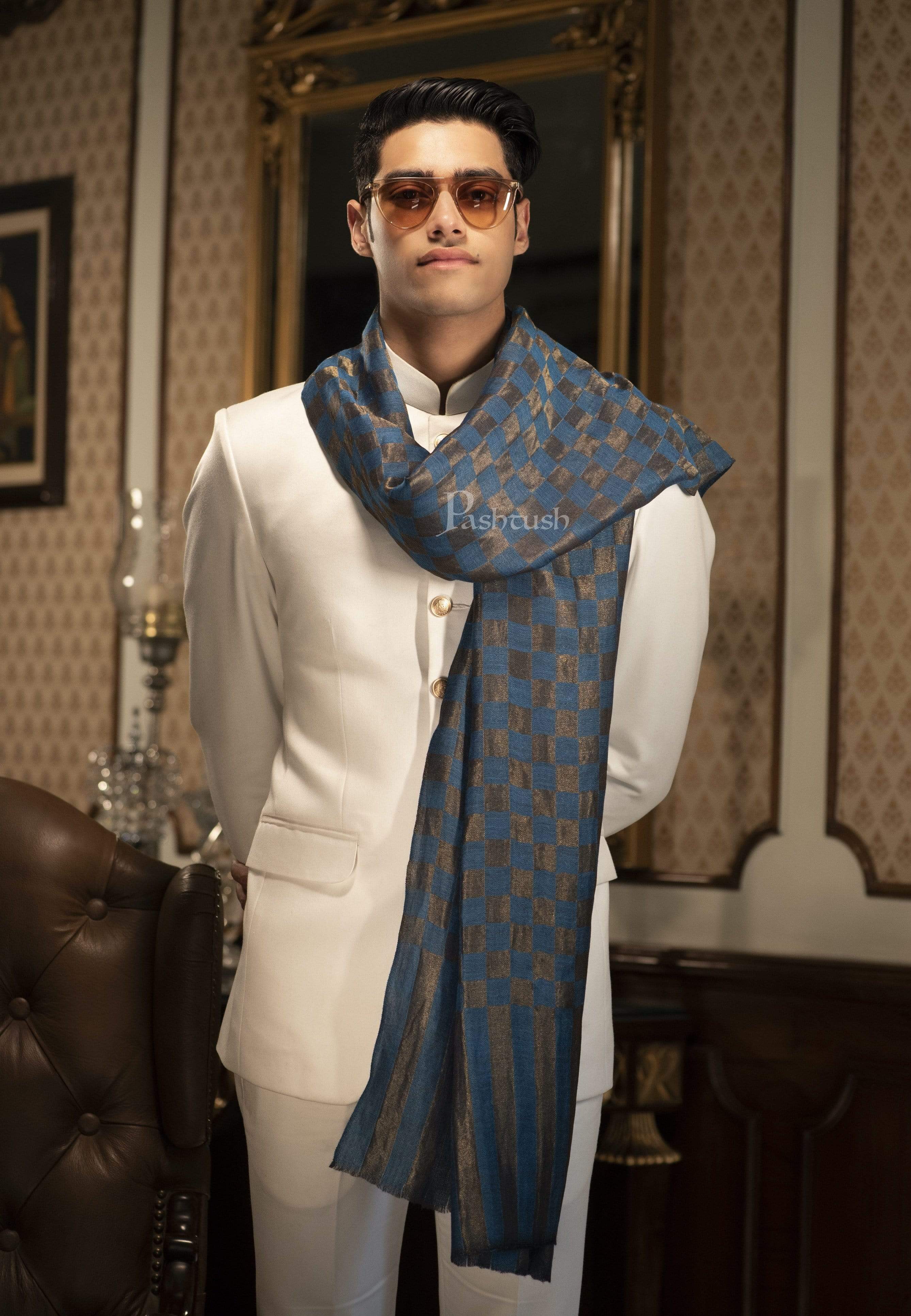 Pashtush Mens Twilight Collection, Checkered Metallic Thread Weave, Fine Wool