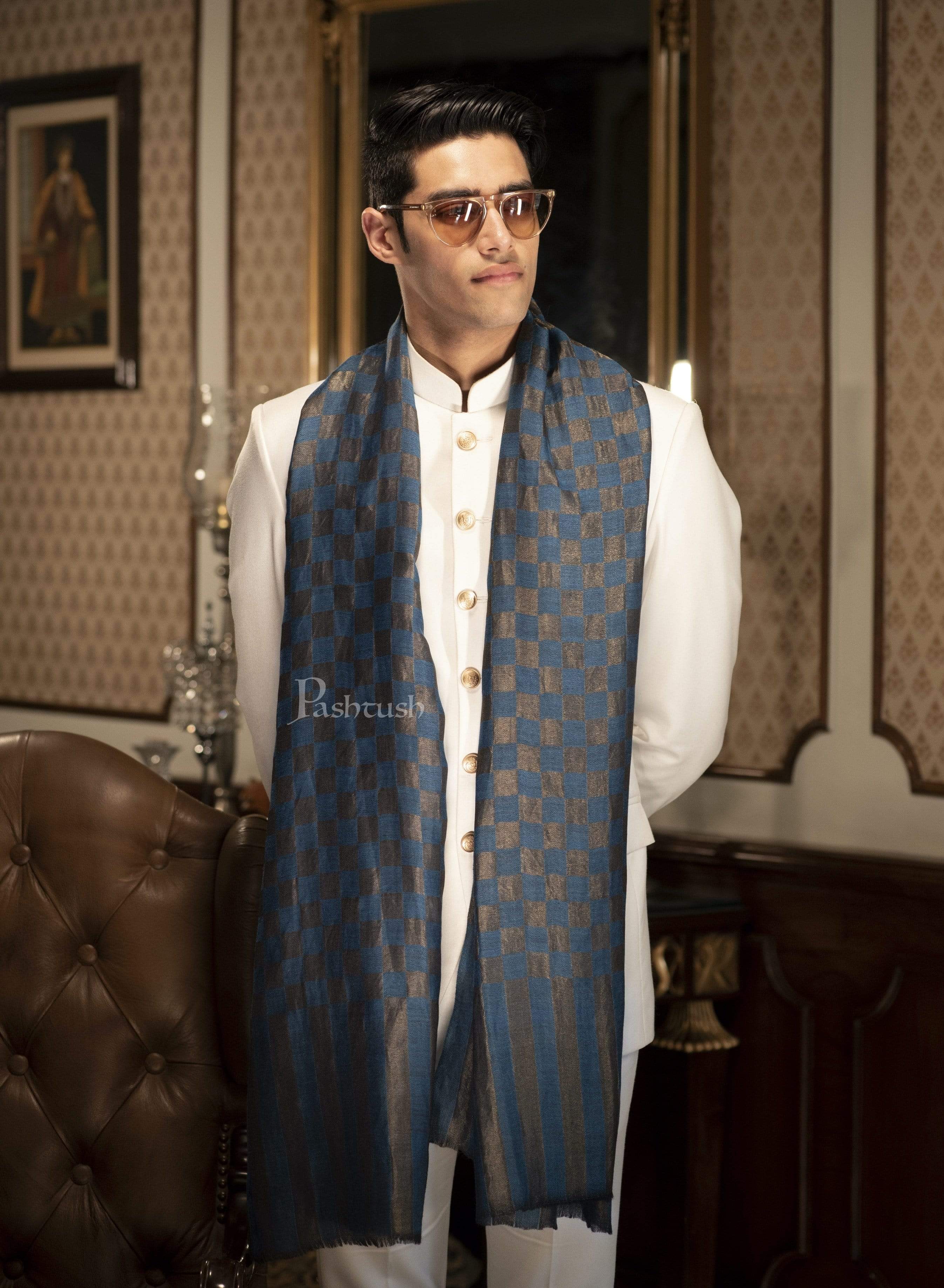 Pashtush Mens Twilight Collection, Checkered Metallic Thread Weave, Fine Wool - Image 2