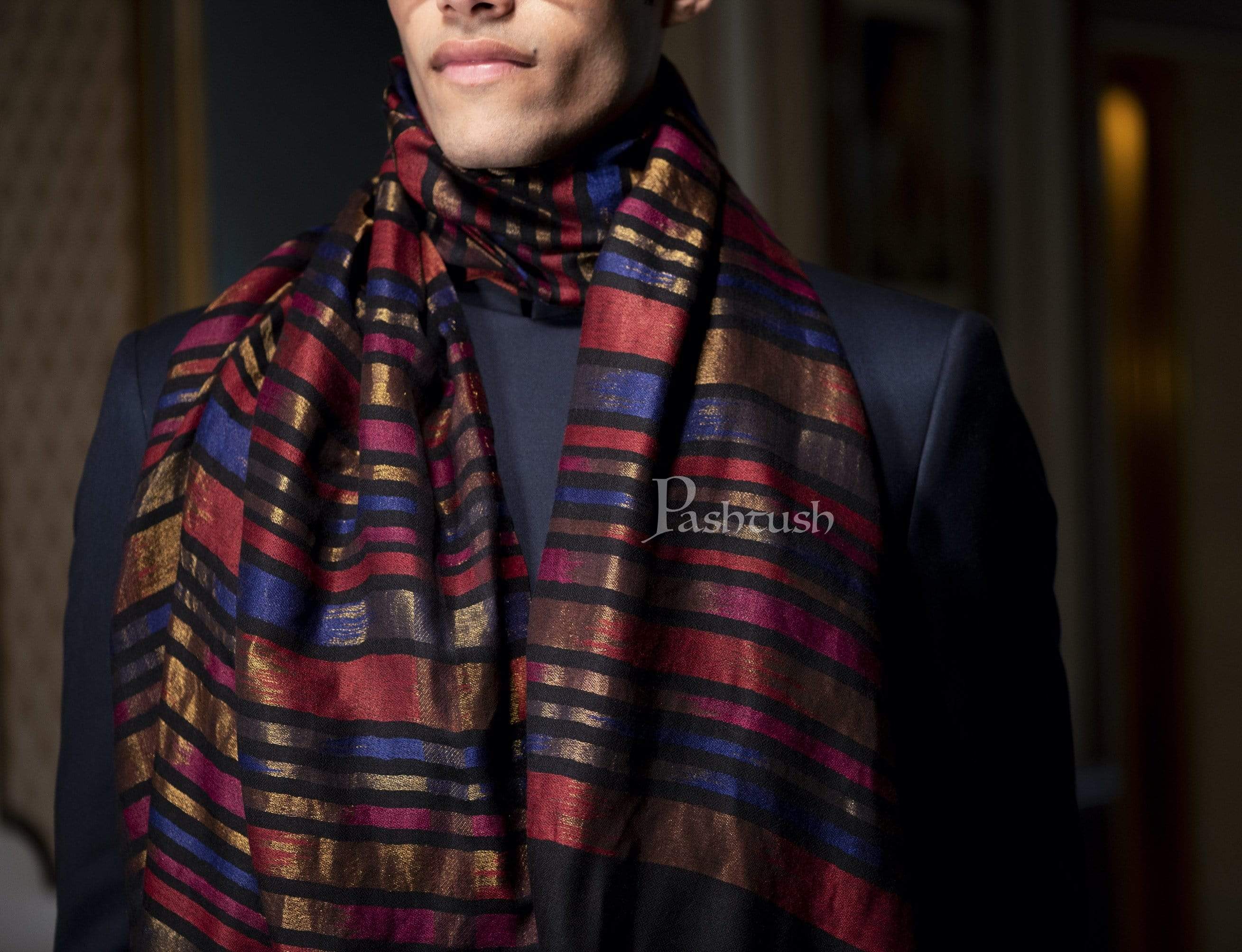 Pashtush Mens Twilight Collection, Reversible With Metallic Thread Weave Stripe, Fine Wool - Image 2