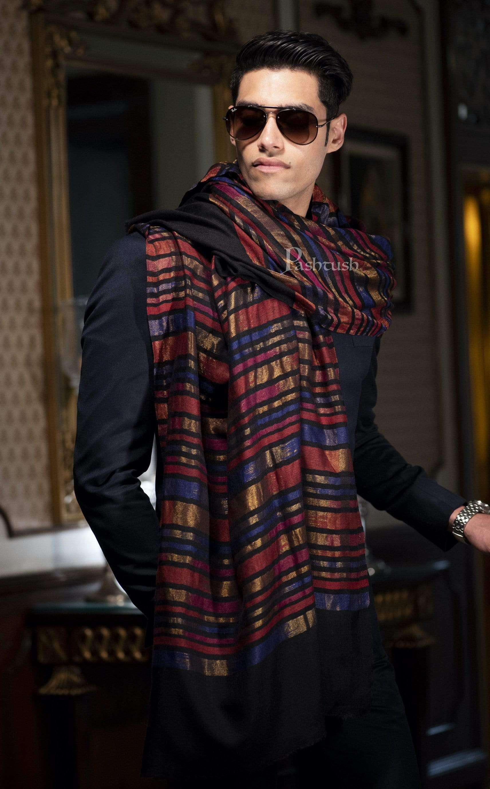 Pashtush Mens Twilight Collection, Reversible With Metallic Thread Weave Stripe, Fine Wool - Image 3