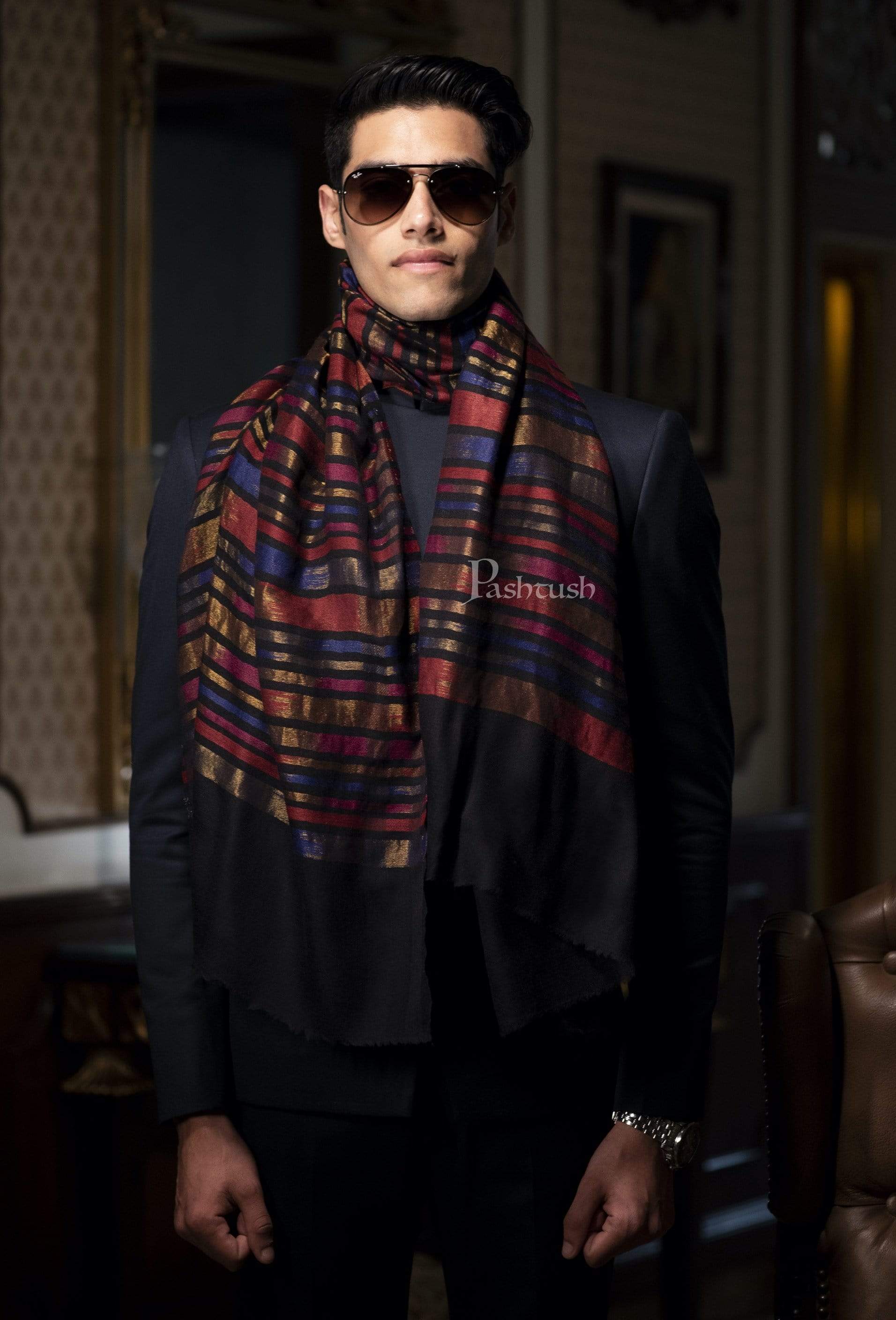 Pashtush Mens Twilight Collection, Reversible With Metallic Thread Weave Stripe, Fine Wool - Image 4