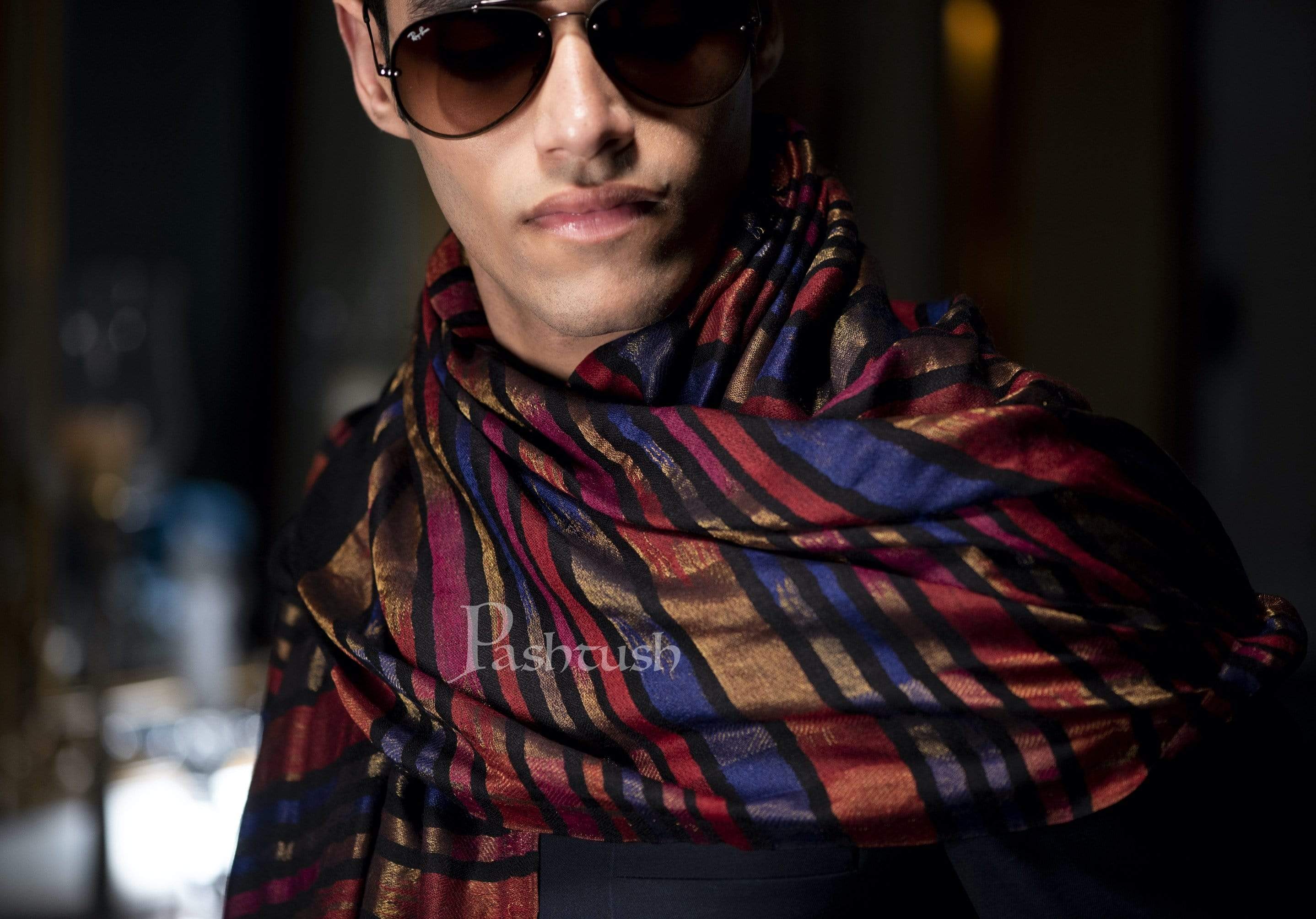 Pashtush Mens Twilight Collection, Reversible With Metallic Thread Weave Stripe, Fine Wool - Image 7