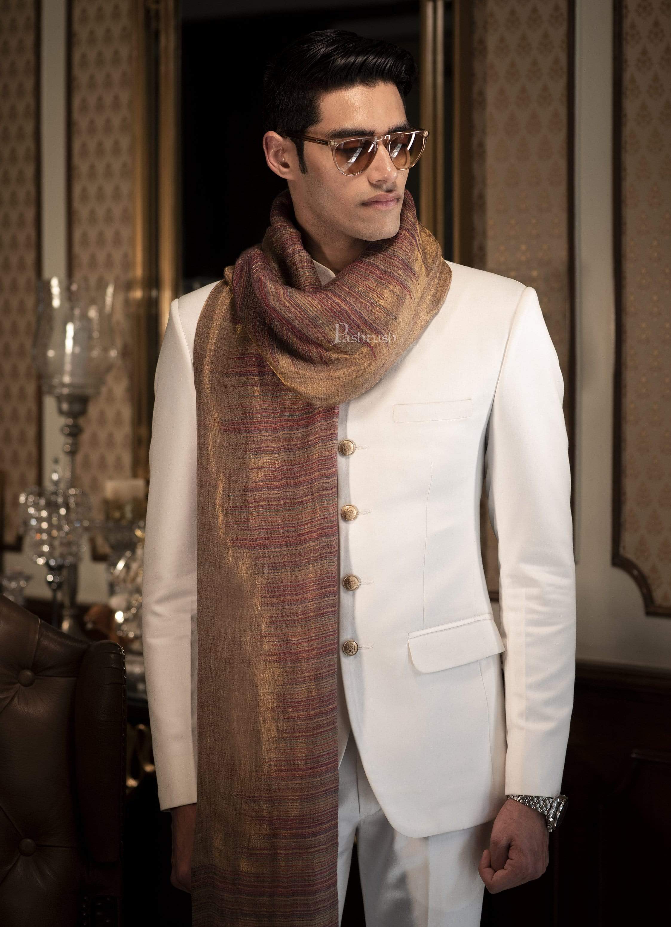Pashtush Mens Scarf With Shimmery Zari Thread Weave (Twilight) - Image 2