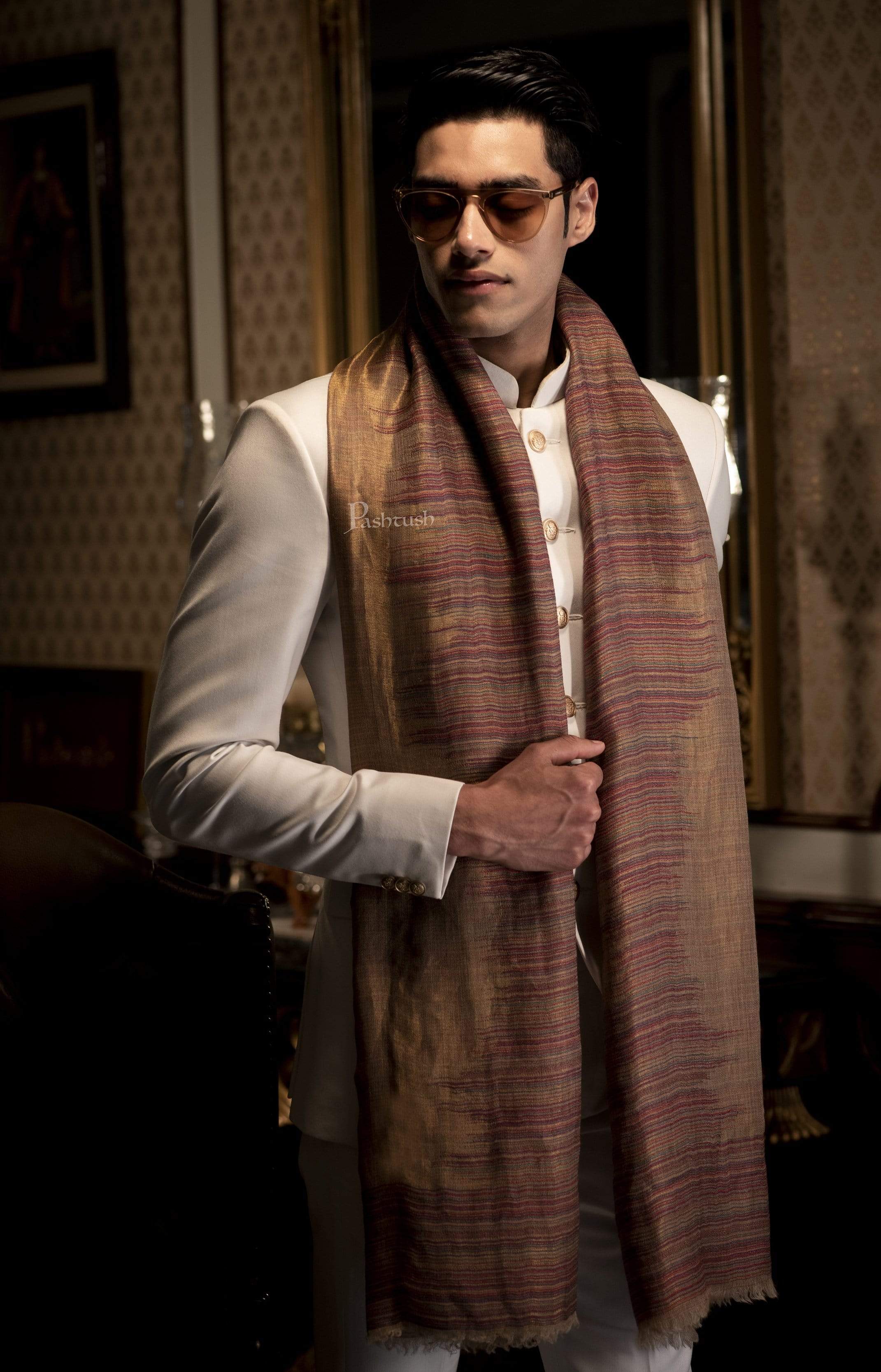 Pashtush Mens Scarf With Shimmery Zari Thread Weave (Twilight) - Image 3