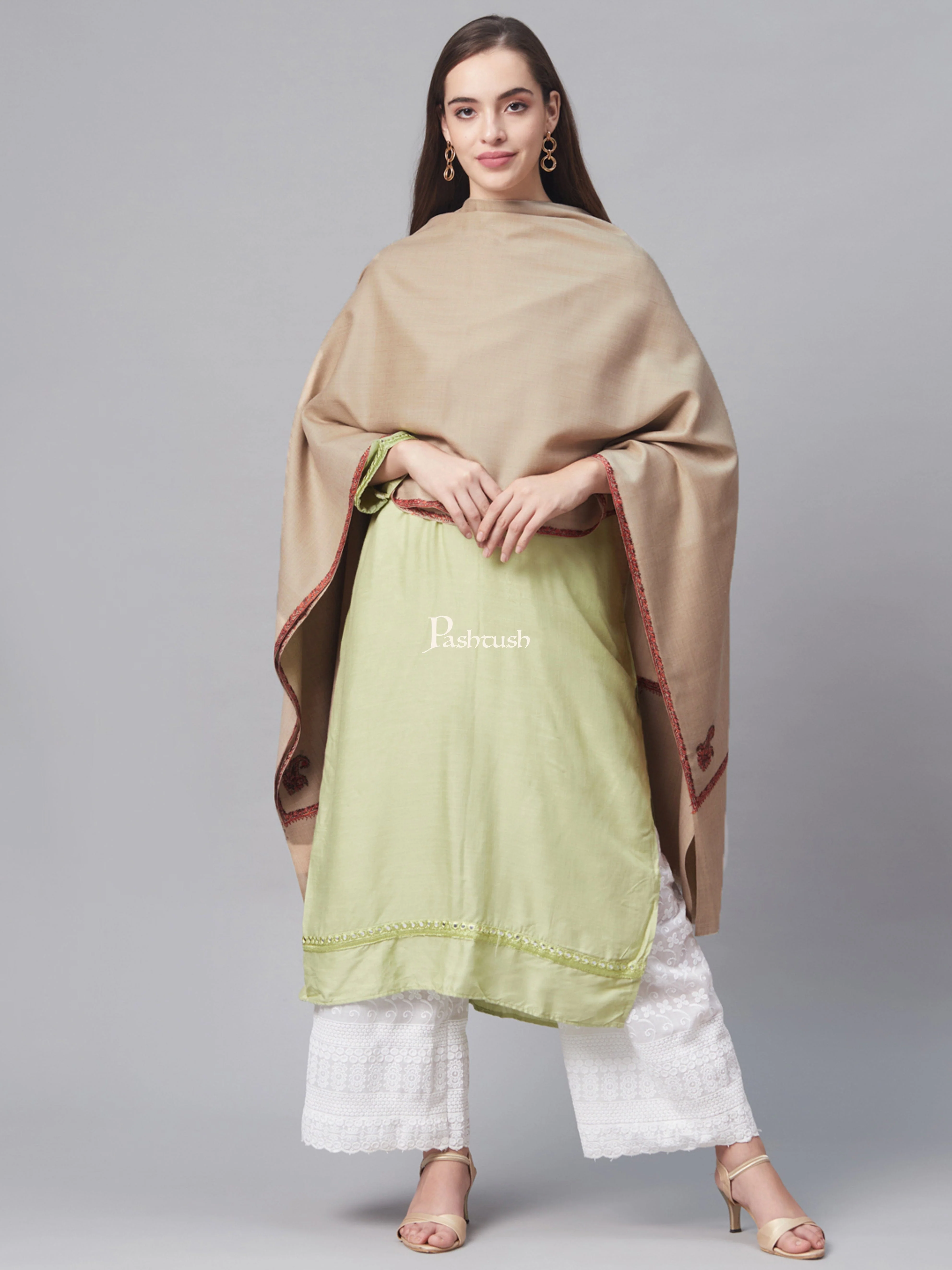 Pashtush Women 100% Hand Embroidery Woollen Shawl, Beige