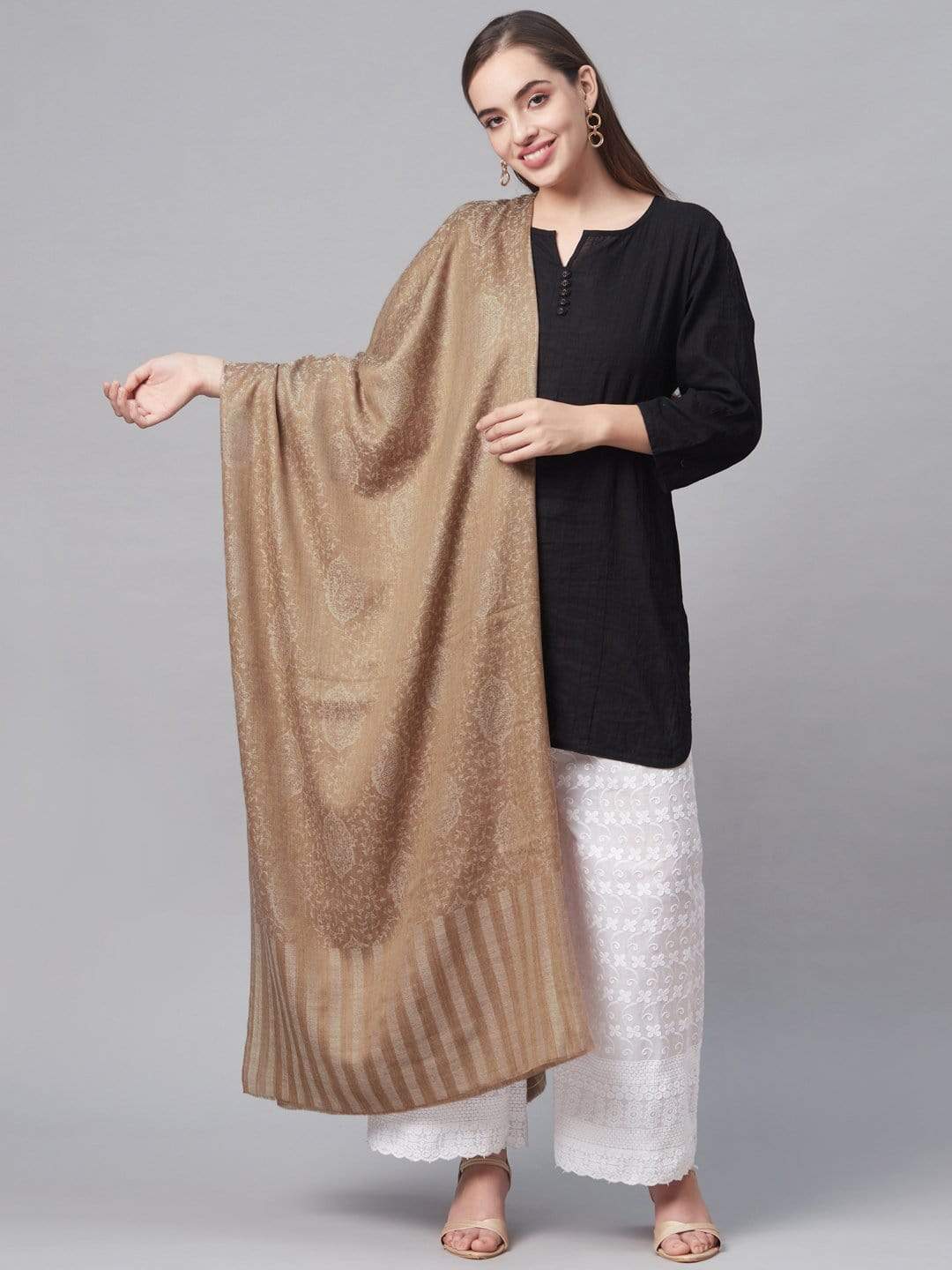 Pashtush Women Self Ethnic Motifs Woven Design Stole Beige