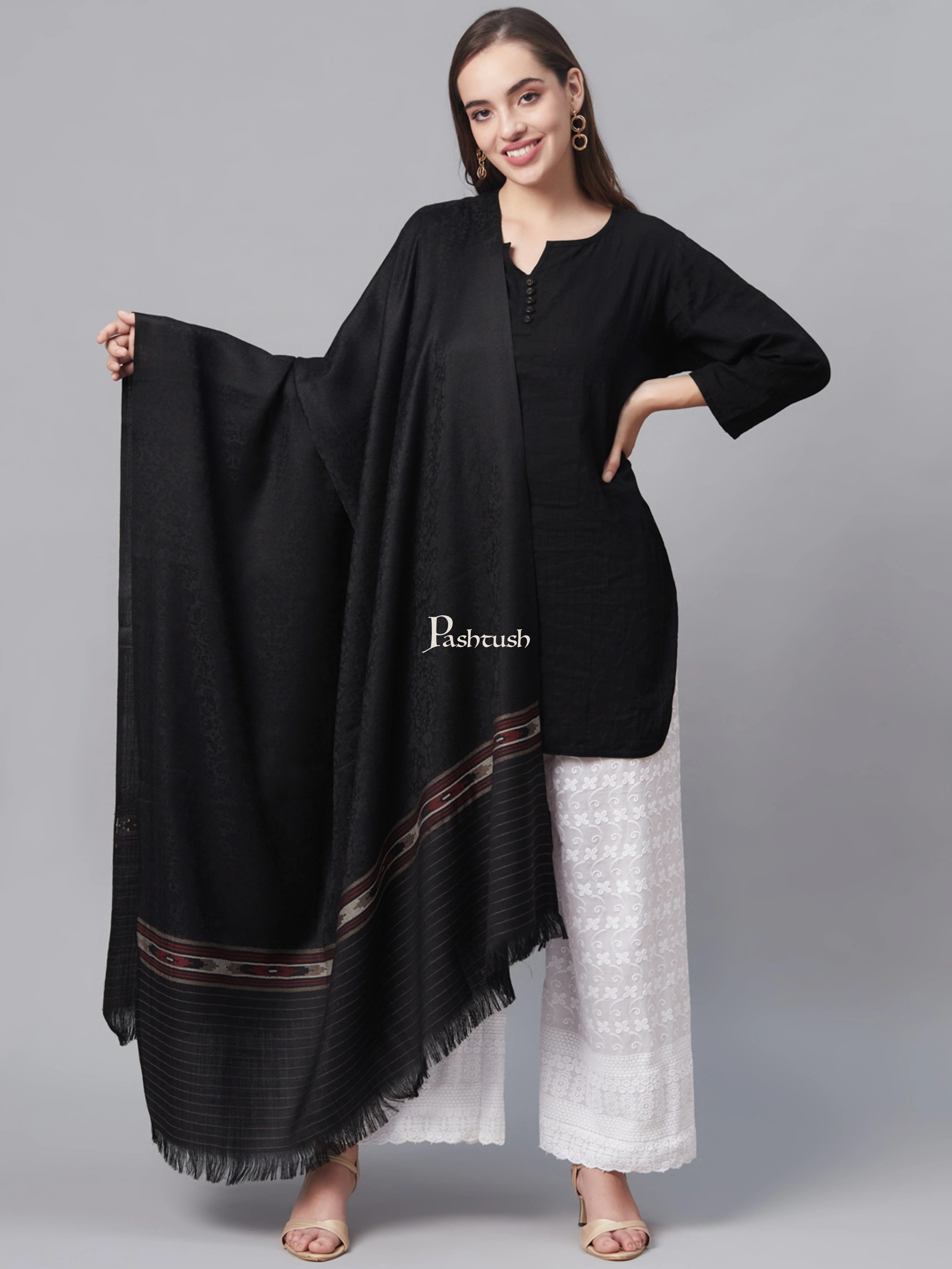 Pashtush Womens Fine Wool Aztec Weave Shawl, Soft And Warm, Black