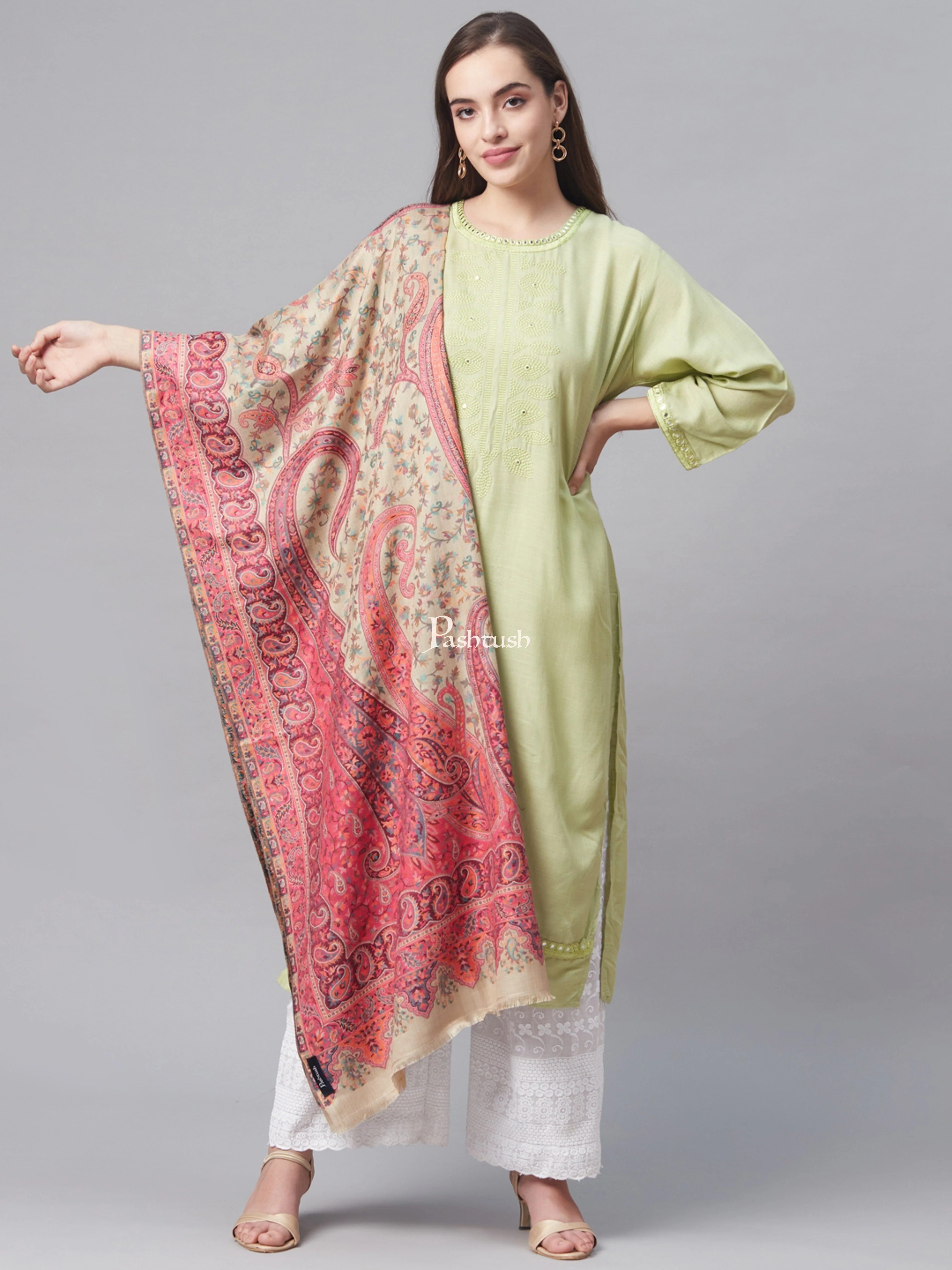 Pashtush Women Cream-Coloured  Pink Woven Design Designer Shawl