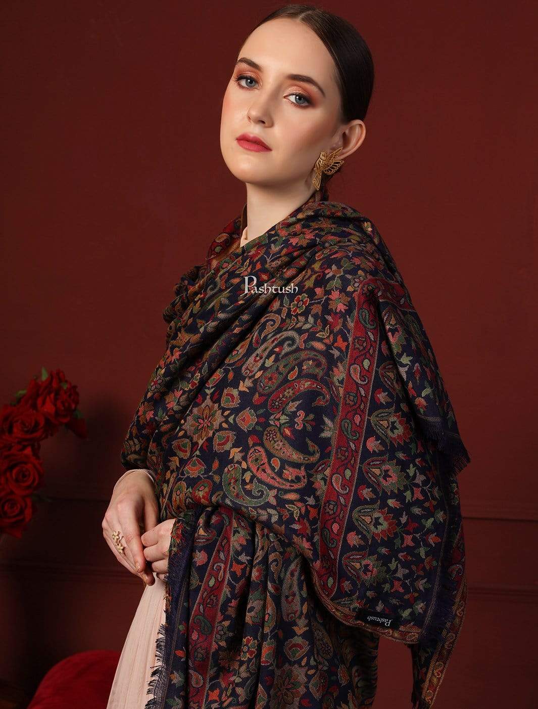 Pashtush Womens Faux Pashmina, Ethnic Weave Shawl, Navy Blue - Image 3
