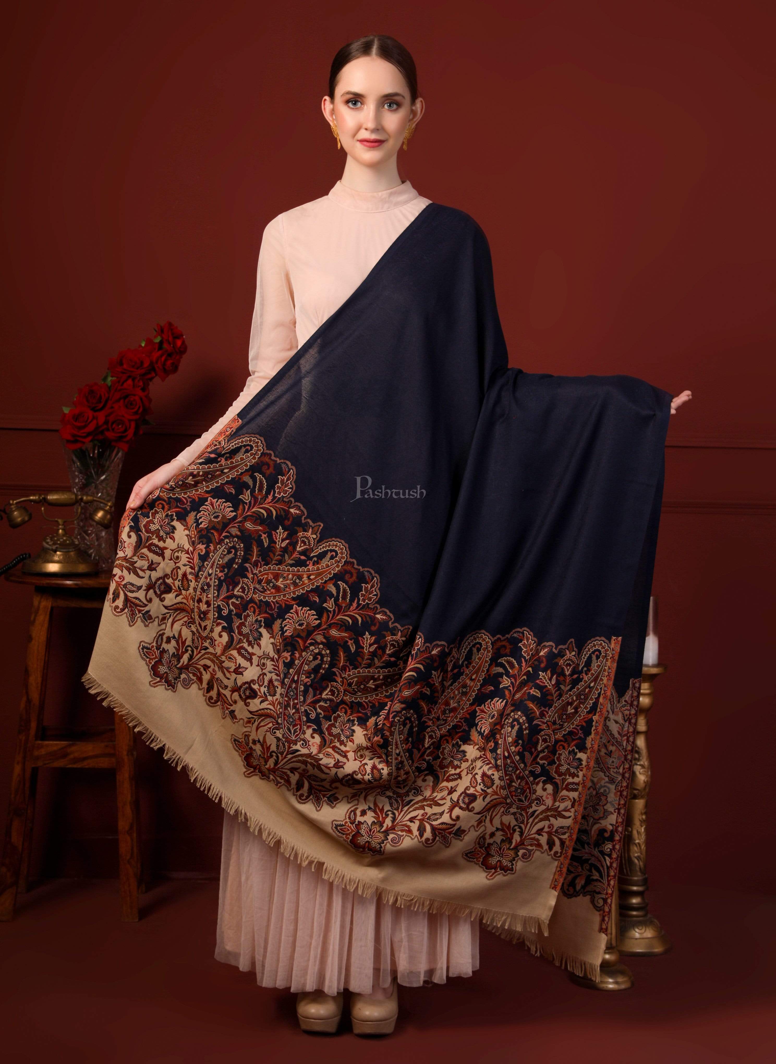 Pashtush Women Soft Navy Blue Woven Design Shawl - Image 3