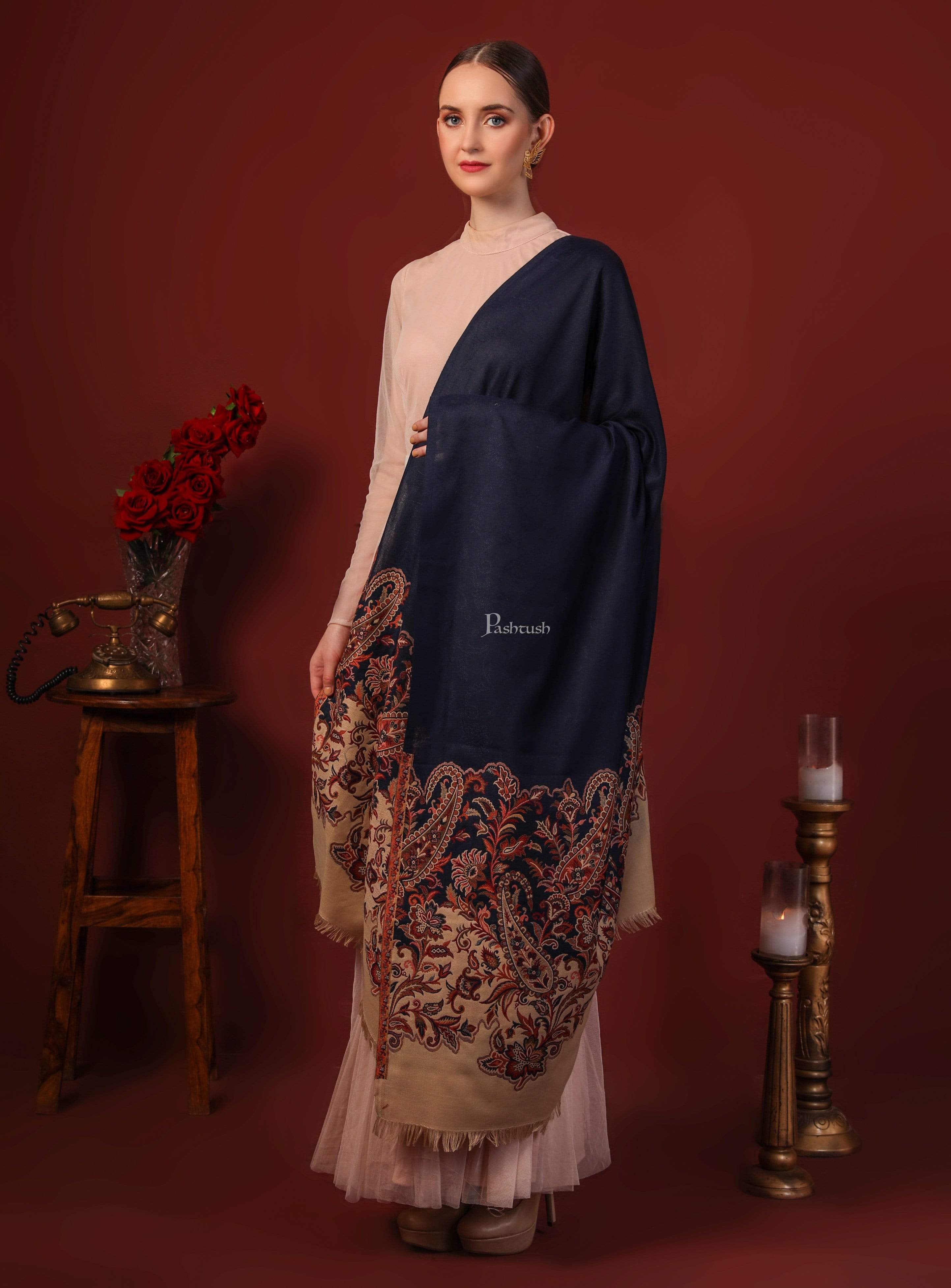Pashtush Women Soft Navy Blue Woven Design Shawl - Image 6