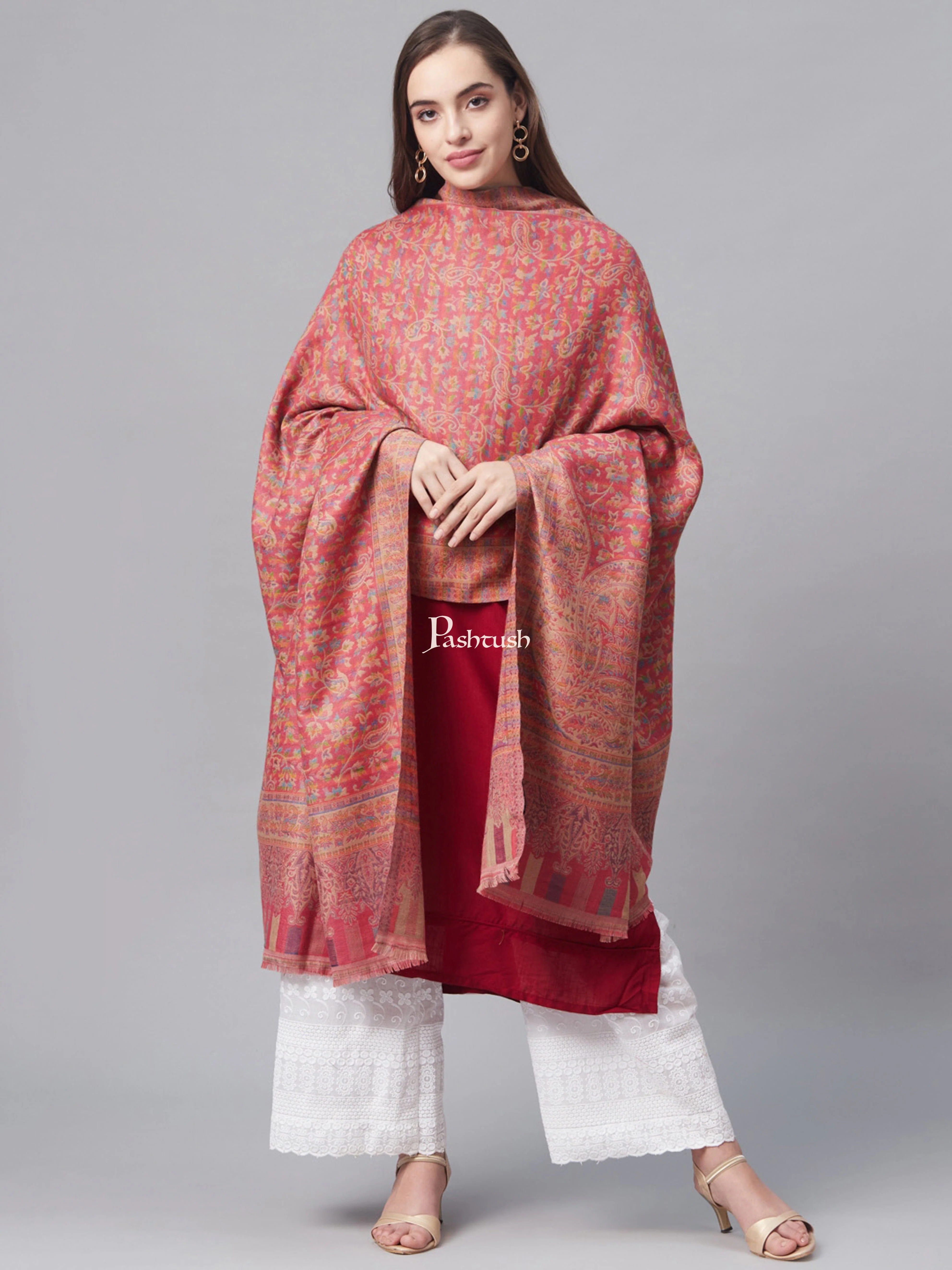 Pashtush Womens Faux Pashmina Pink And Beige Jamawar Shawl