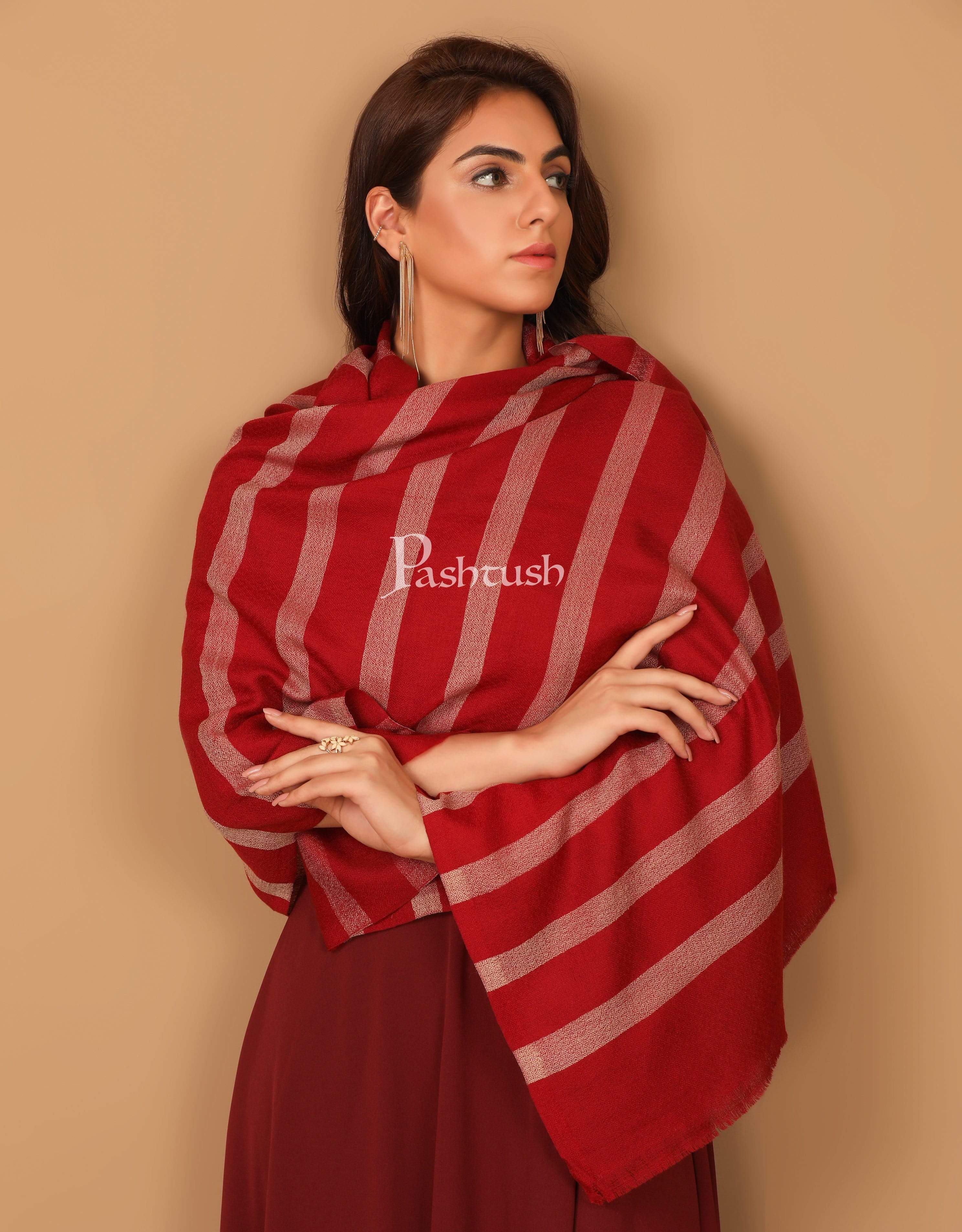 Pashtush Womens Extra Fine Wool, Striped Woven Scarf, Crimson Maroon - Image 5