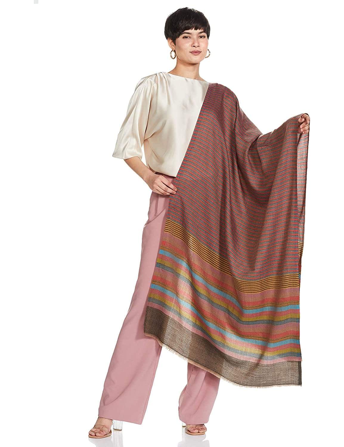 Pashtush Womens Extra Fine Wool, Striped Woven Scarf, Multicolored - Image 5