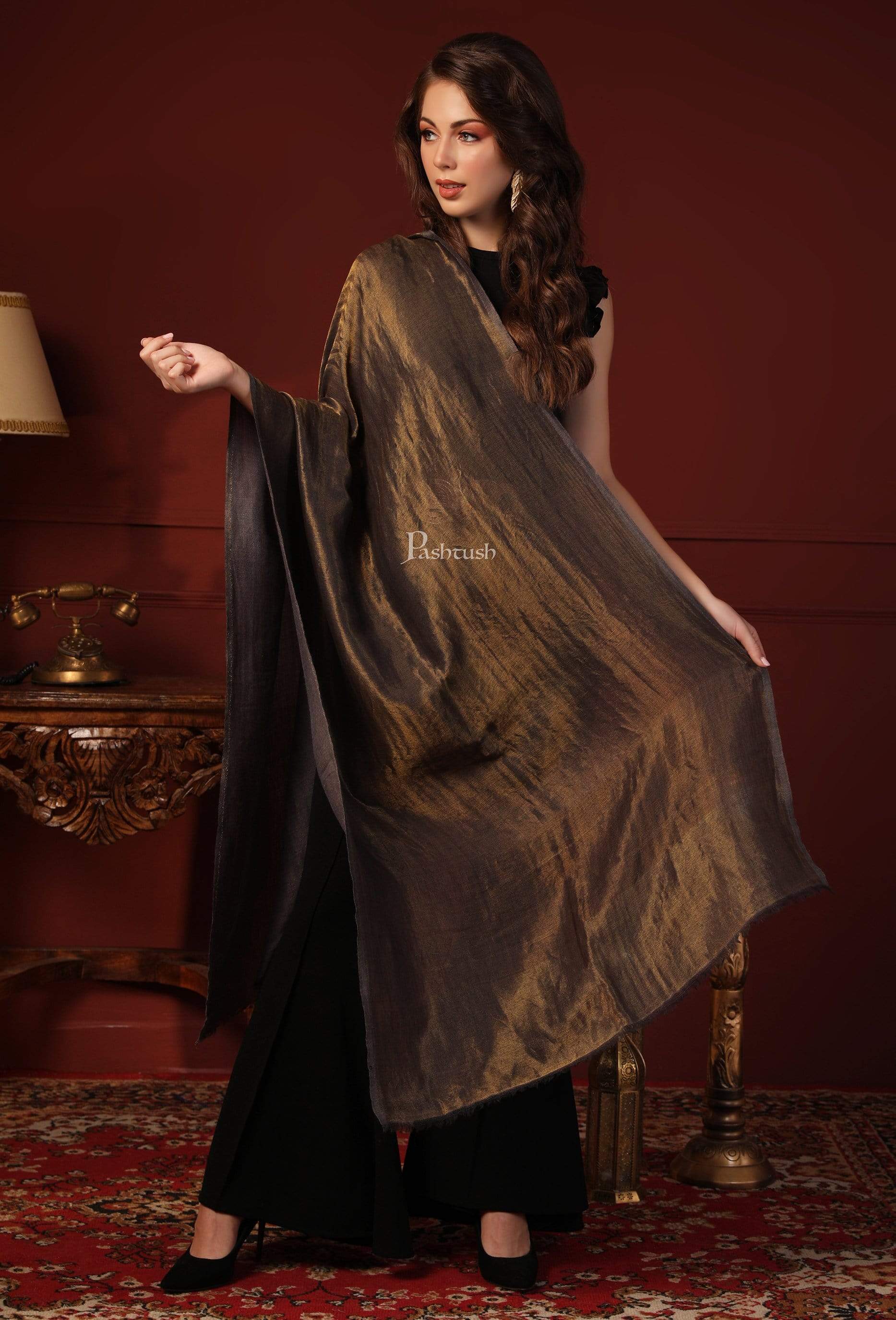 Pashtush Womens, Extra Fine Wool, Twilight Scarf, With Shimmery Zari Thread Weave,Black Gold - Image 2