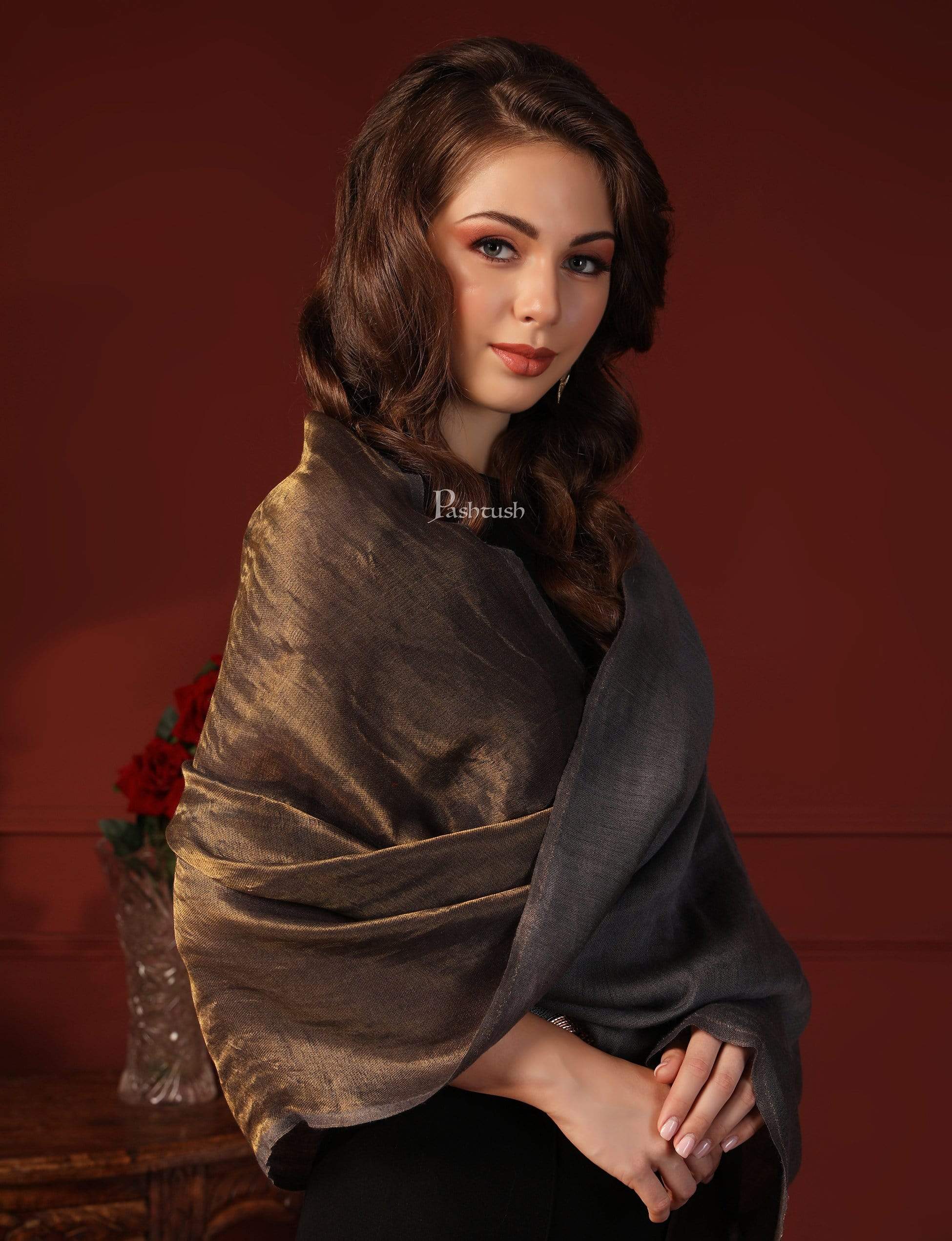 Pashtush Womens, Extra Fine Wool, Twilight Scarf, With Shimmery Zari Thread Weave,Black Gold - Image 7