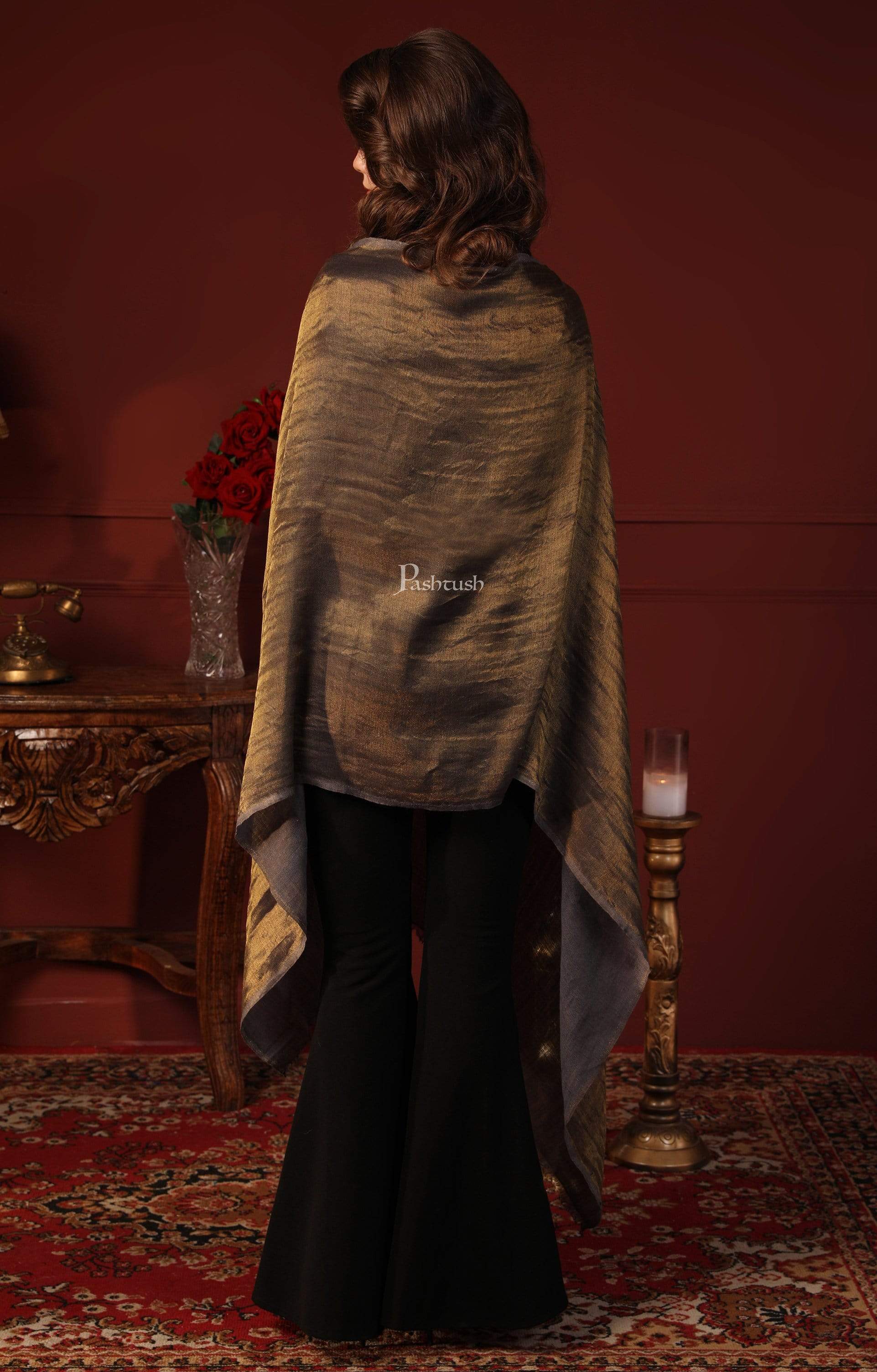 Pashtush Womens, Extra Fine Wool, Twilight Scarf, With Shimmery Zari Thread Weave,Black Gold - Image 8