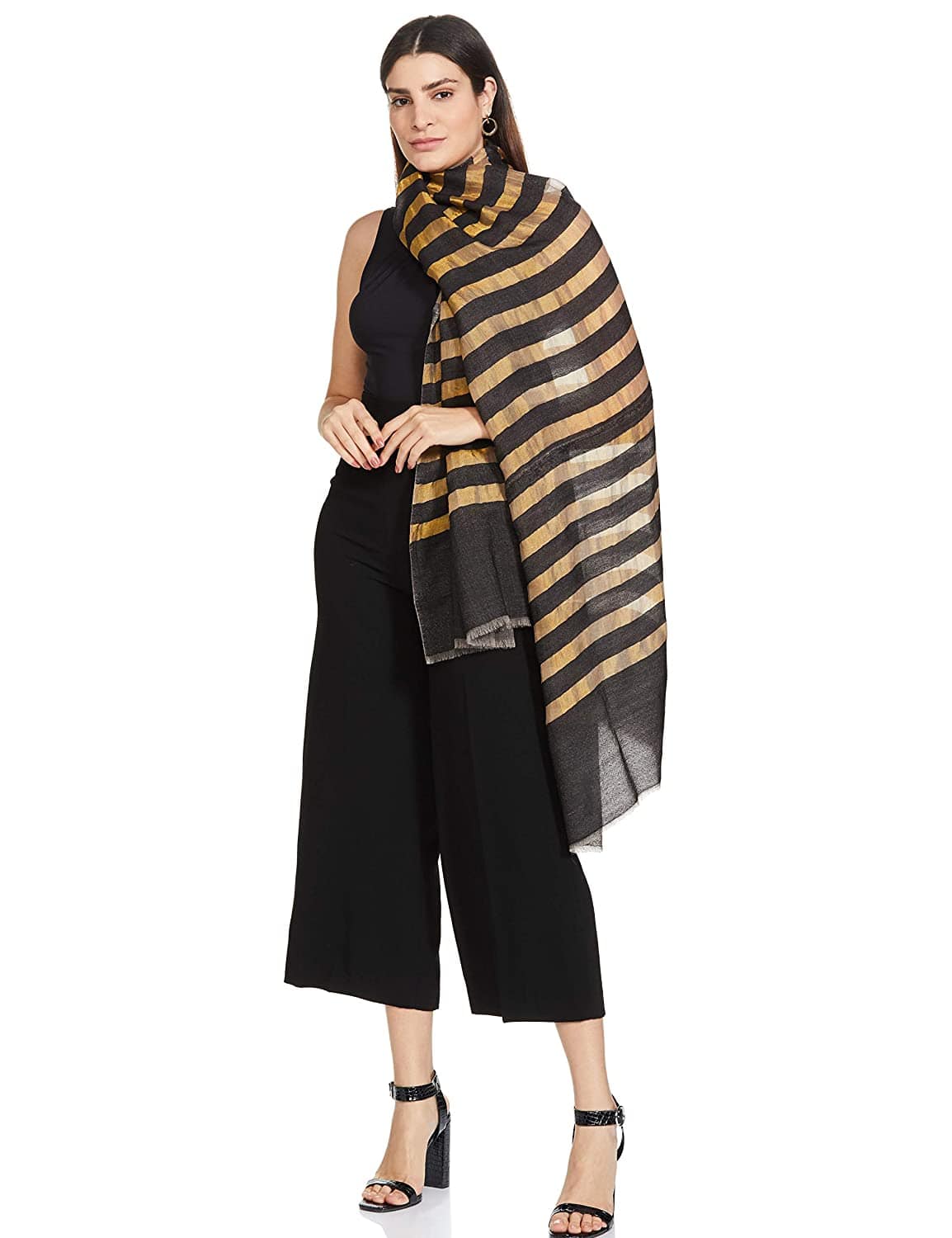 Pashtush Womens, Extra Fine Wool, Twilight Striped Scarf, With Shimmery Metallic Zari Thread Weave Black