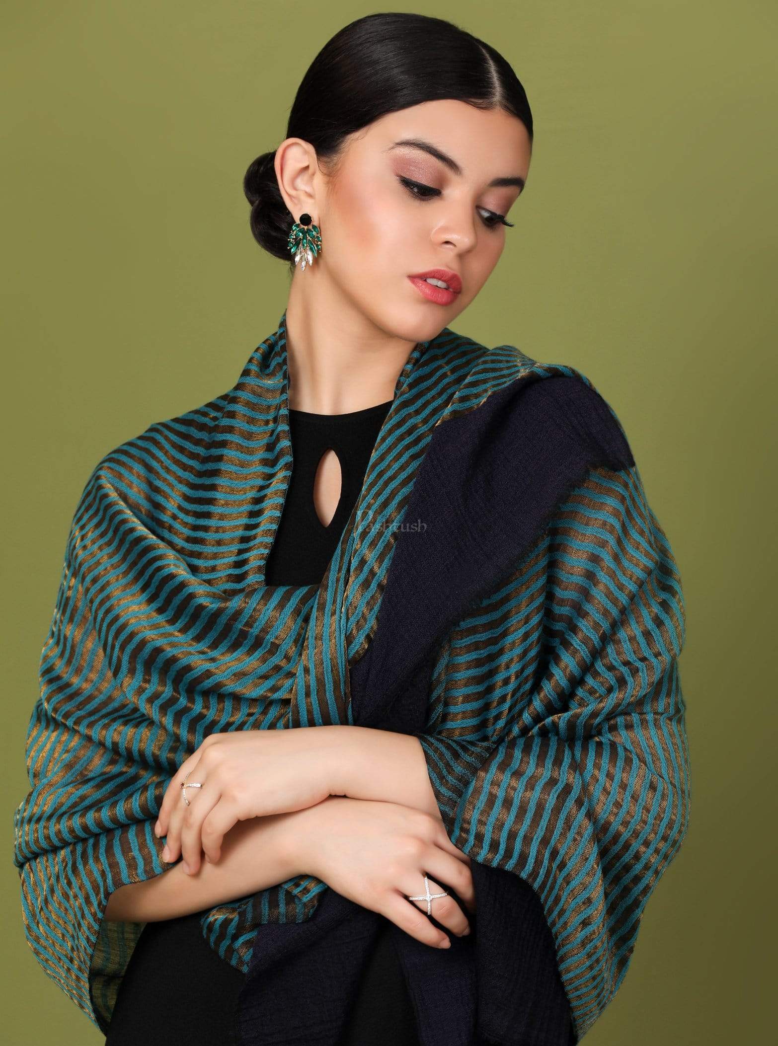 Pashtush Womens, Extra Fine Wool, Twilight Striped Scarf, With Shimmery Zari Thread Weave Blue