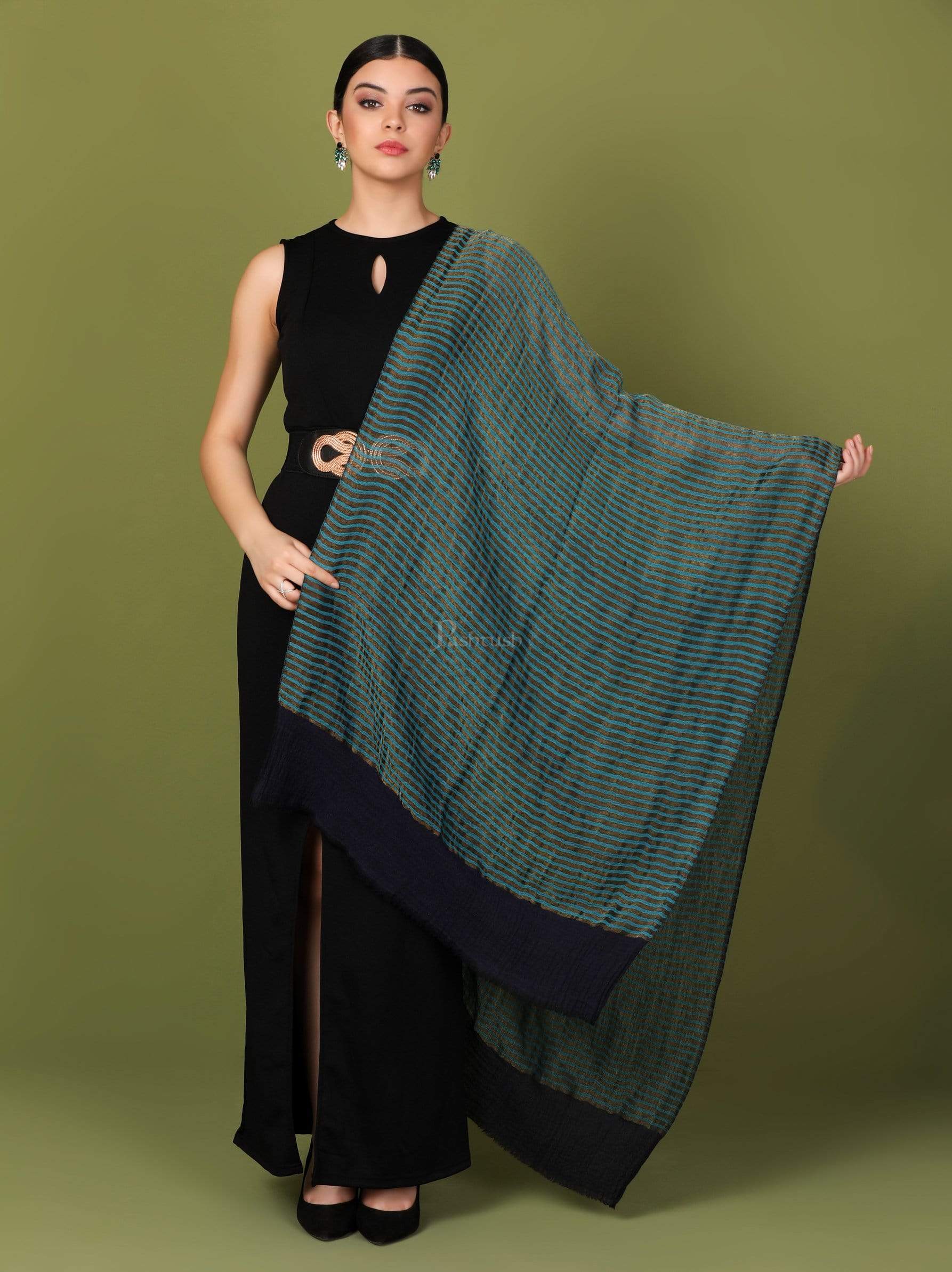 Pashtush Womens, Extra Fine Wool, Twilight Striped Scarf, With Shimmery Zari Thread Weave Blue - Image 3