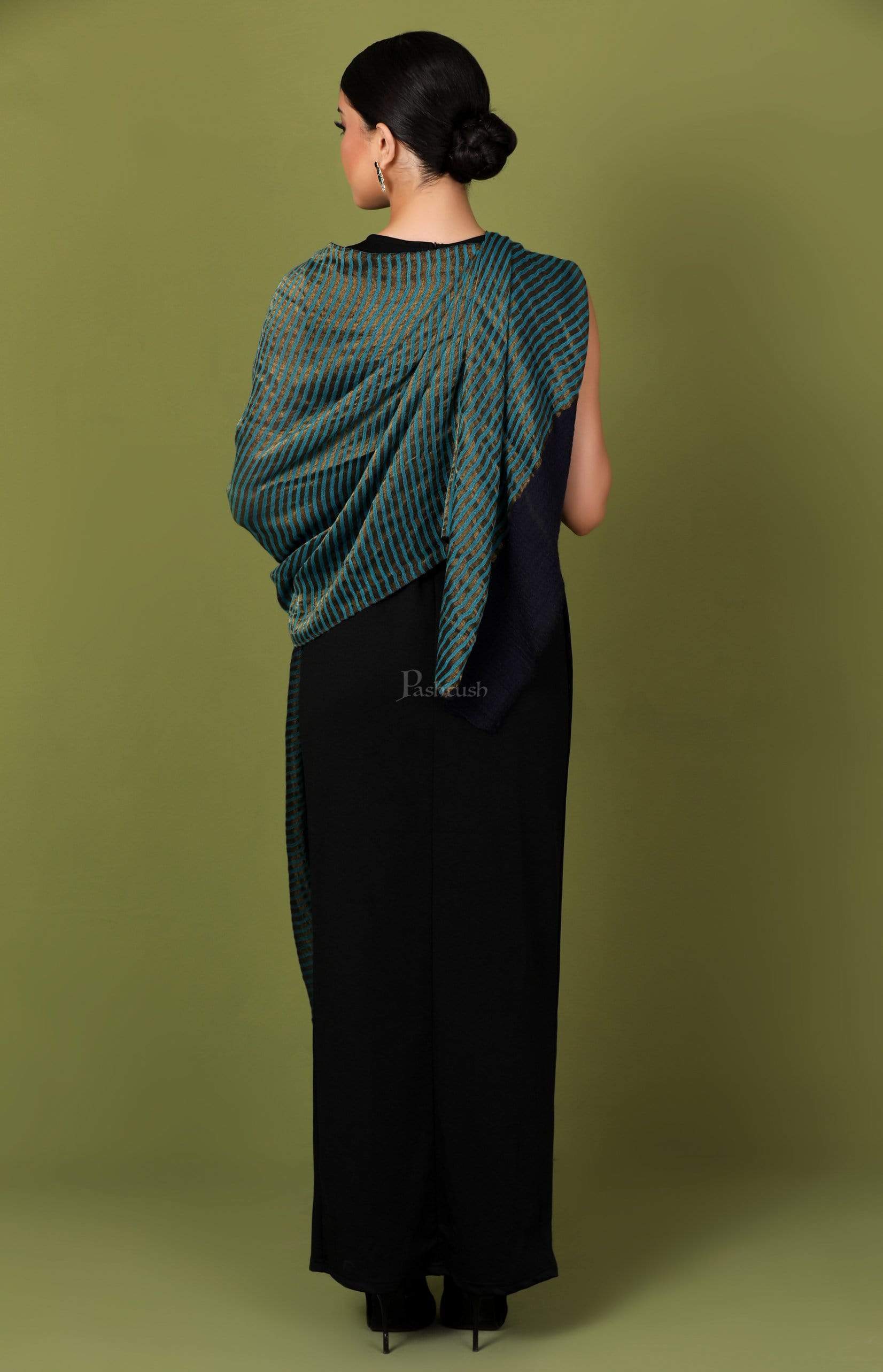Pashtush Womens, Extra Fine Wool, Twilight Striped Scarf, With Shimmery Zari Thread Weave Blue - Image 4
