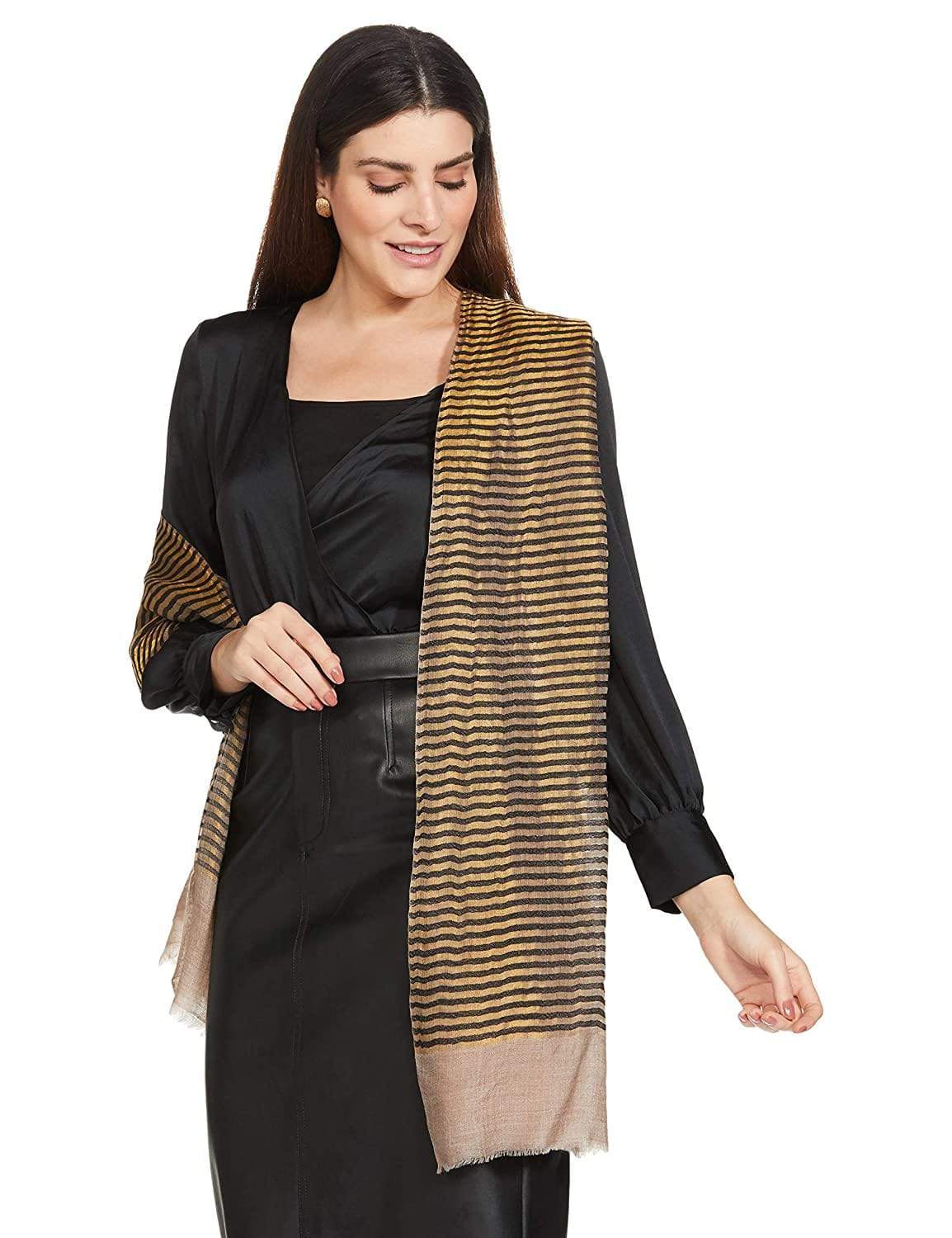Pashtush Womens, Extra Fine Wool, Twilight Striped Scarf, With Shimmery Zari Thread Weave Gold