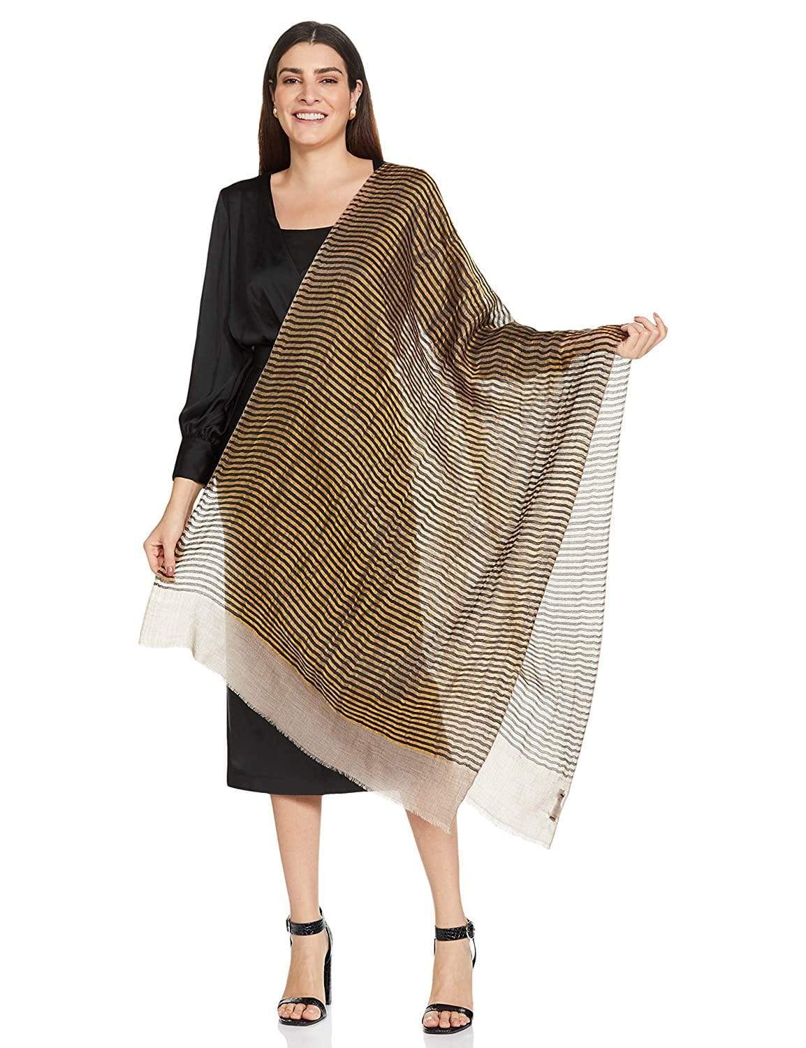 Pashtush Womens, Extra Fine Wool, Twilight Striped Scarf, With Shimmery Zari Thread Weave Gold - Image 4